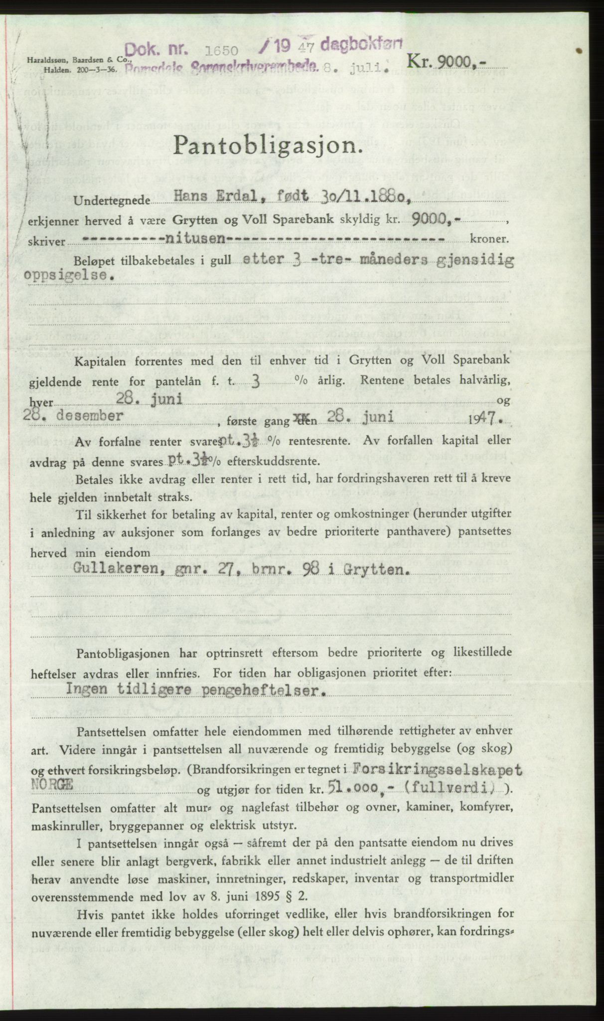 Romsdal sorenskriveri, SAT/A-4149/1/2/2C: Pantebok nr. B3, 1946-1948, Dagboknr: 1650/1947