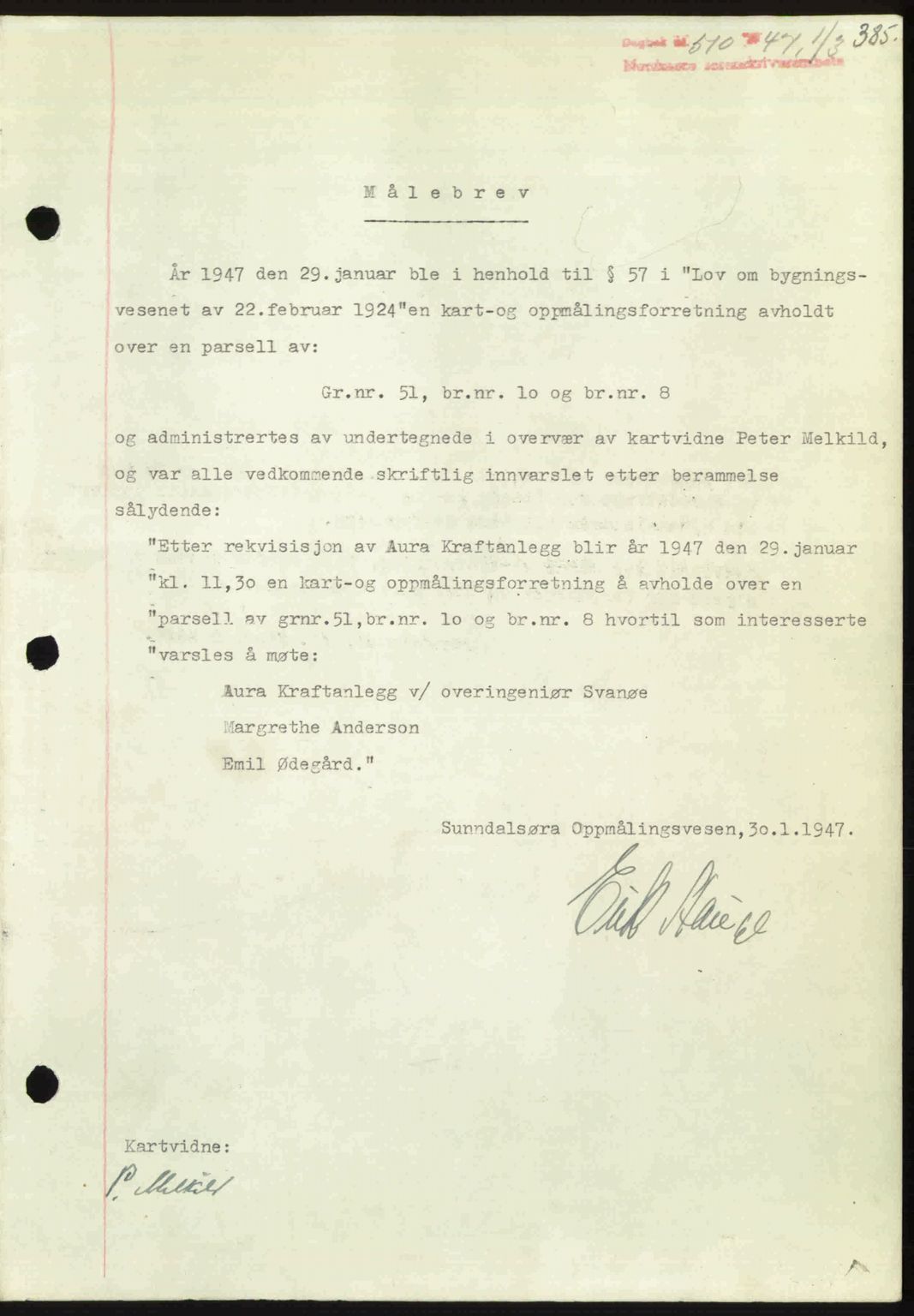 Nordmøre sorenskriveri, SAT/A-4132/1/2/2Ca: Pantebok nr. A104, 1947-1947, Dagboknr: 510/1947