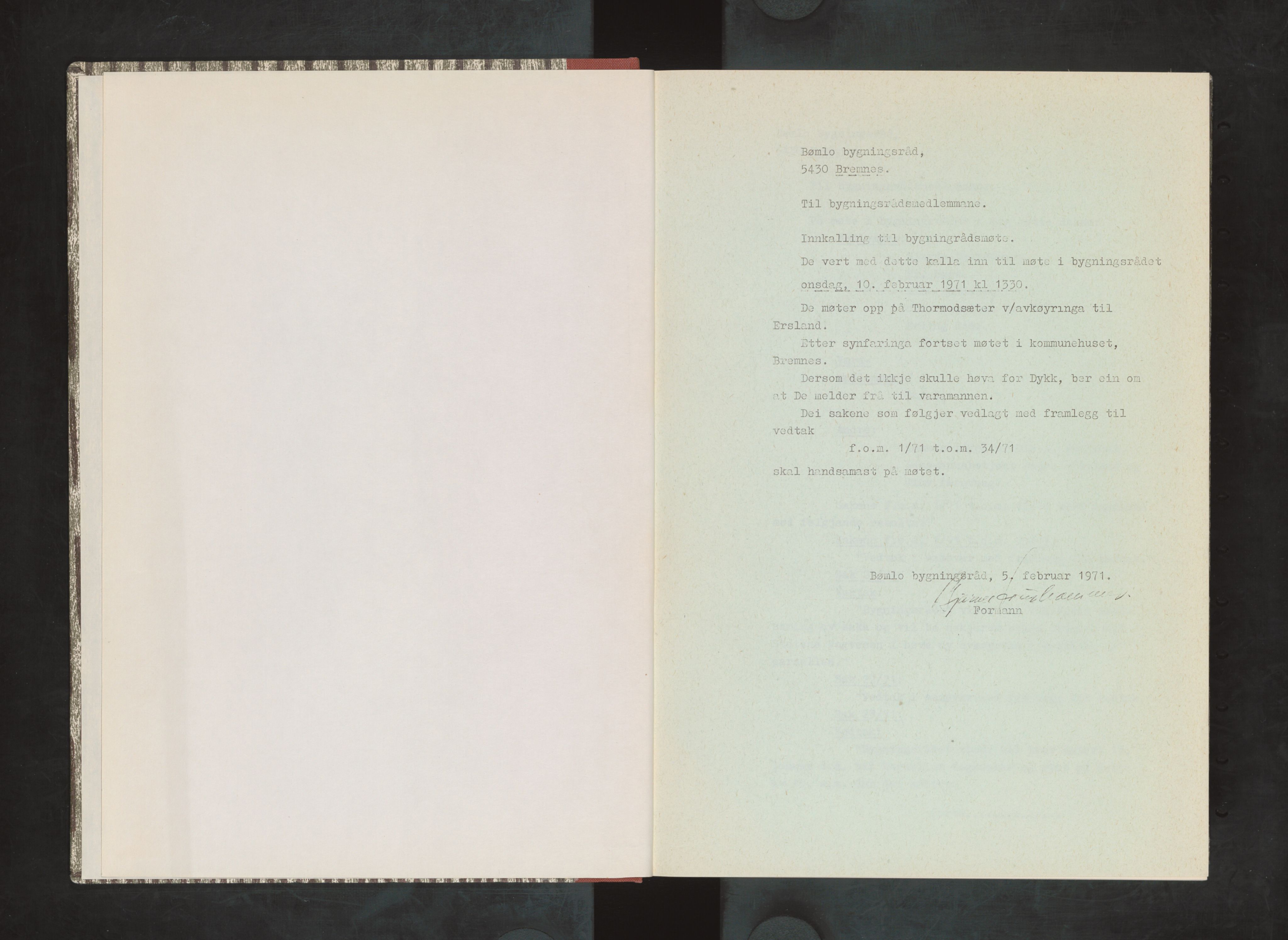 Bømlo kommune. Bygningsrådet , IKAH/1219-511/A/Aa/L0006: Møtebok for Bømlo bygningsråd, 1971