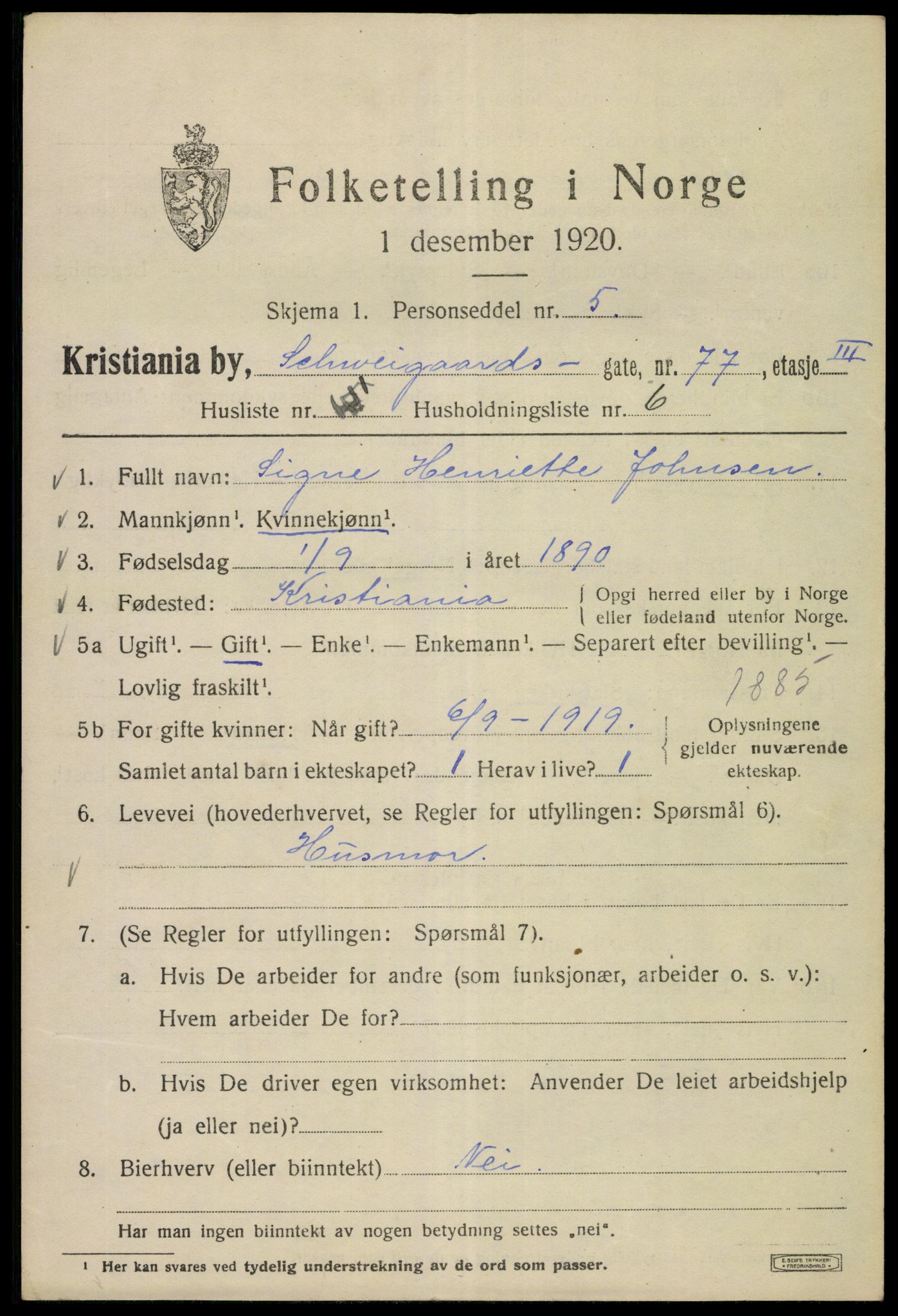 SAO, Folketelling 1920 for 0301 Kristiania kjøpstad, 1920, s. 496491