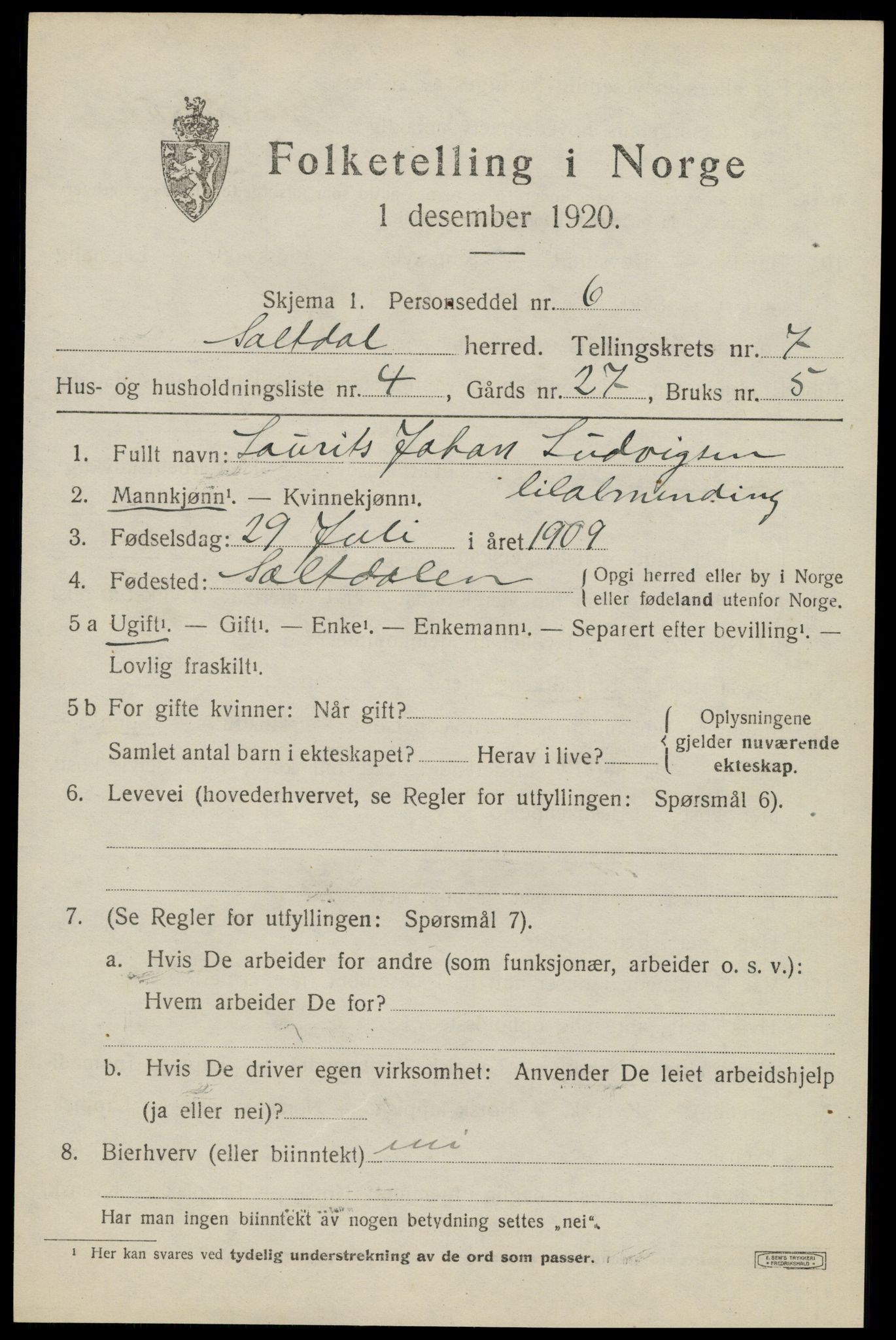 SAT, Folketelling 1920 for 1840 Saltdal herred, 1920, s. 7849