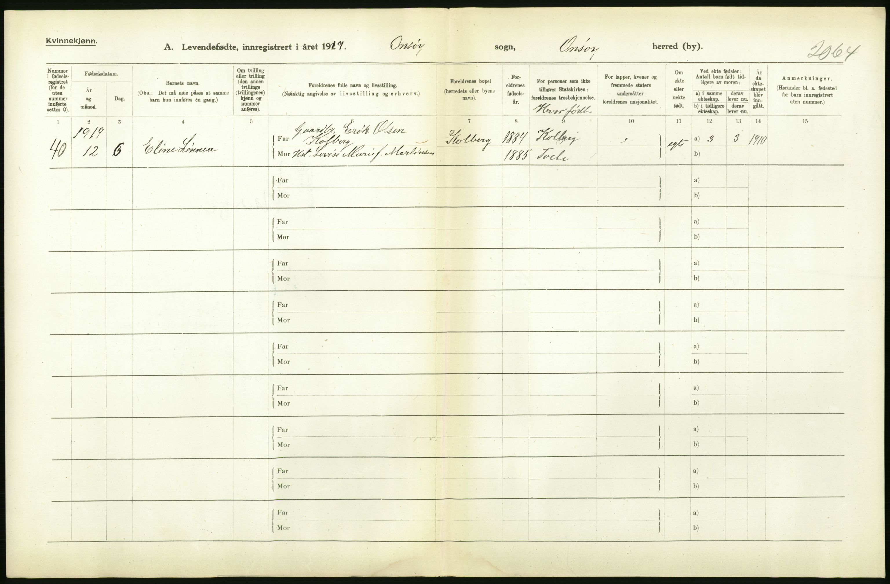 Statistisk sentralbyrå, Sosiodemografiske emner, Befolkning, RA/S-2228/D/Df/Dfb/Dfbi/L0001: Østfold fylke: Levendefødte menn og kvinner. Bygder., 1919, s. 204