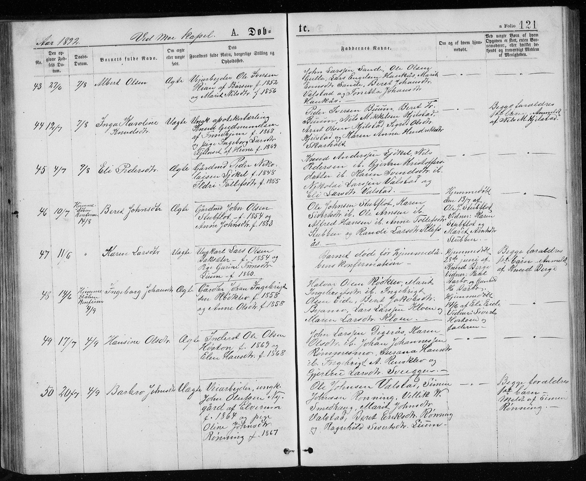 Ministerialprotokoller, klokkerbøker og fødselsregistre - Sør-Trøndelag, SAT/A-1456/671/L0843: Klokkerbok nr. 671C02, 1873-1892, s. 121