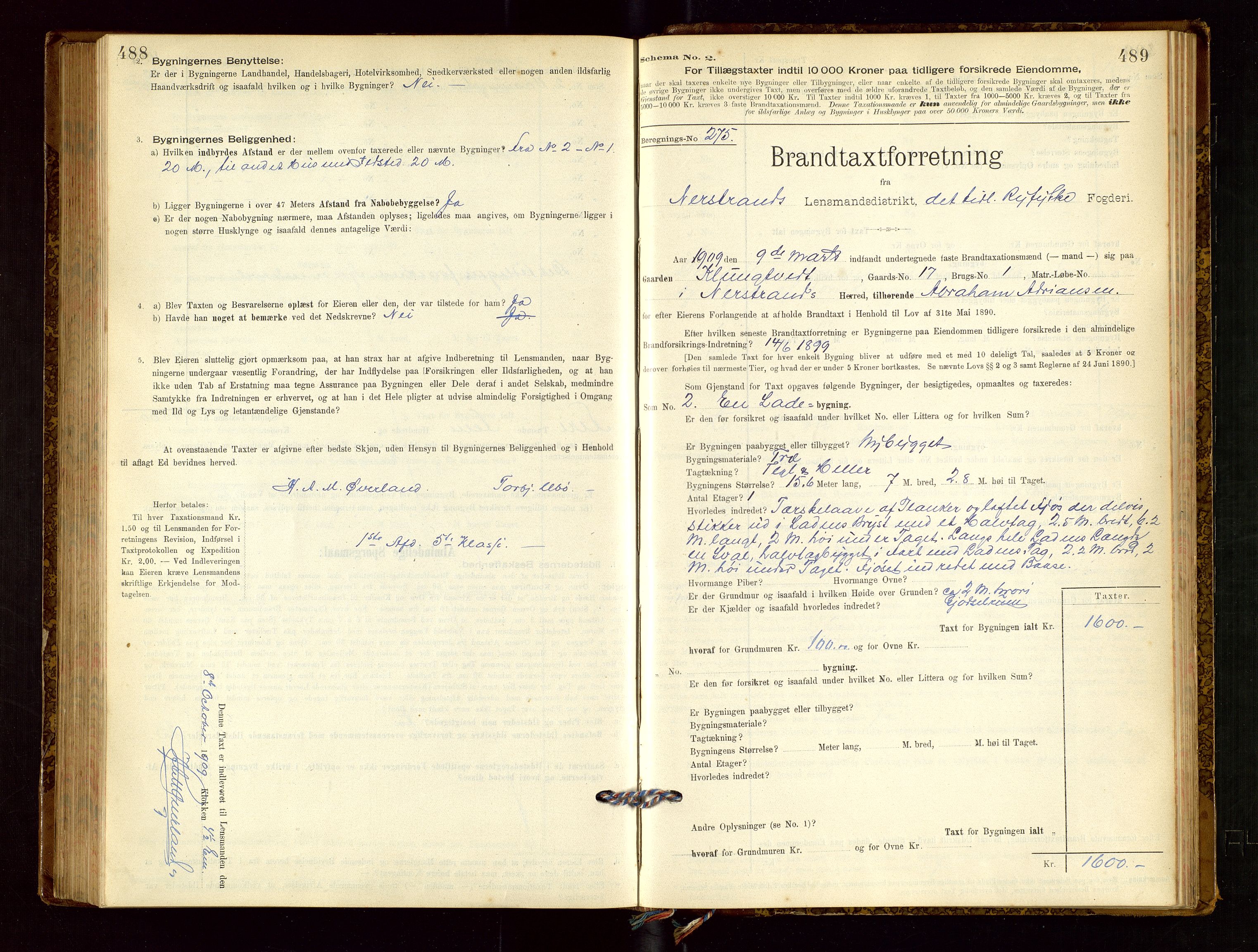 Nedstrand lensmannskontor, AV/SAST-A-100236/Gob/L0001: "Brandtaxationsprotokol for Nerstrand Lensmandsdistrikt Ryfylke fogderi", 1895-1915, s. 488-489