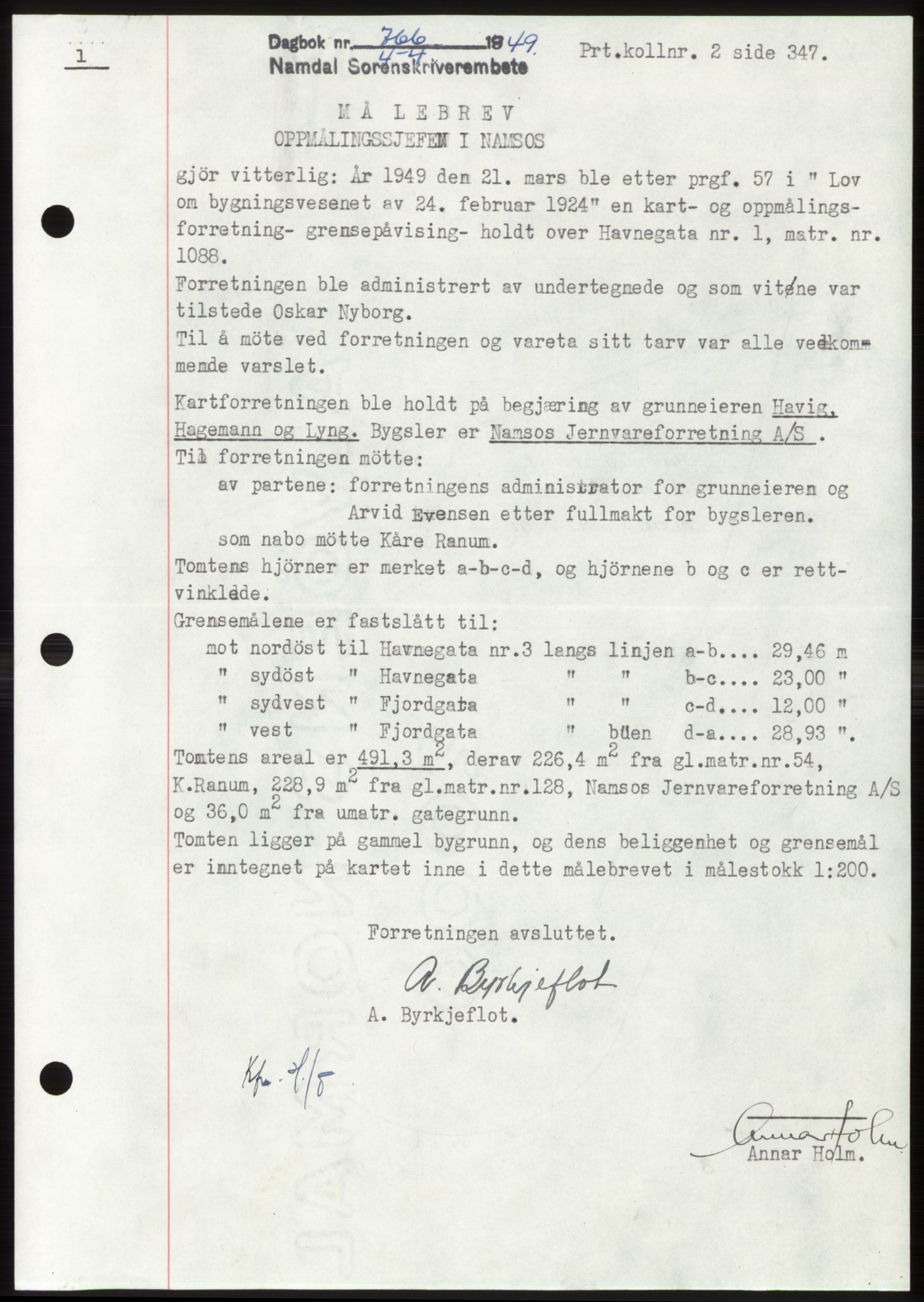 Namdal sorenskriveri, SAT/A-4133/1/2/2C: Pantebok nr. -, 1949-1949, Dagboknr: 766/1949