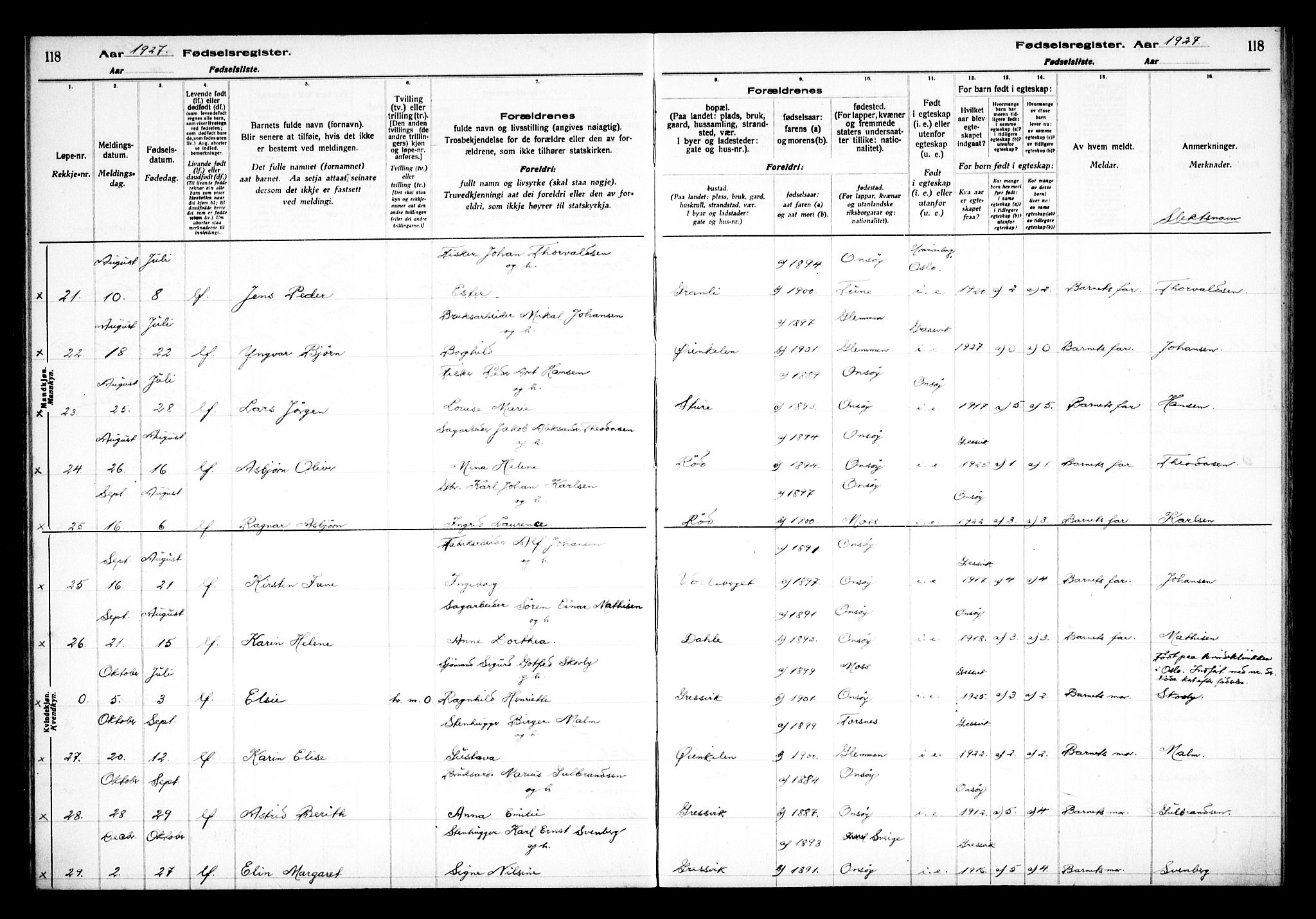 Onsøy prestekontor Kirkebøker, AV/SAO-A-10914/J/Jb/L0001: Fødselsregister nr. II 1, 1916-1938, s. 118