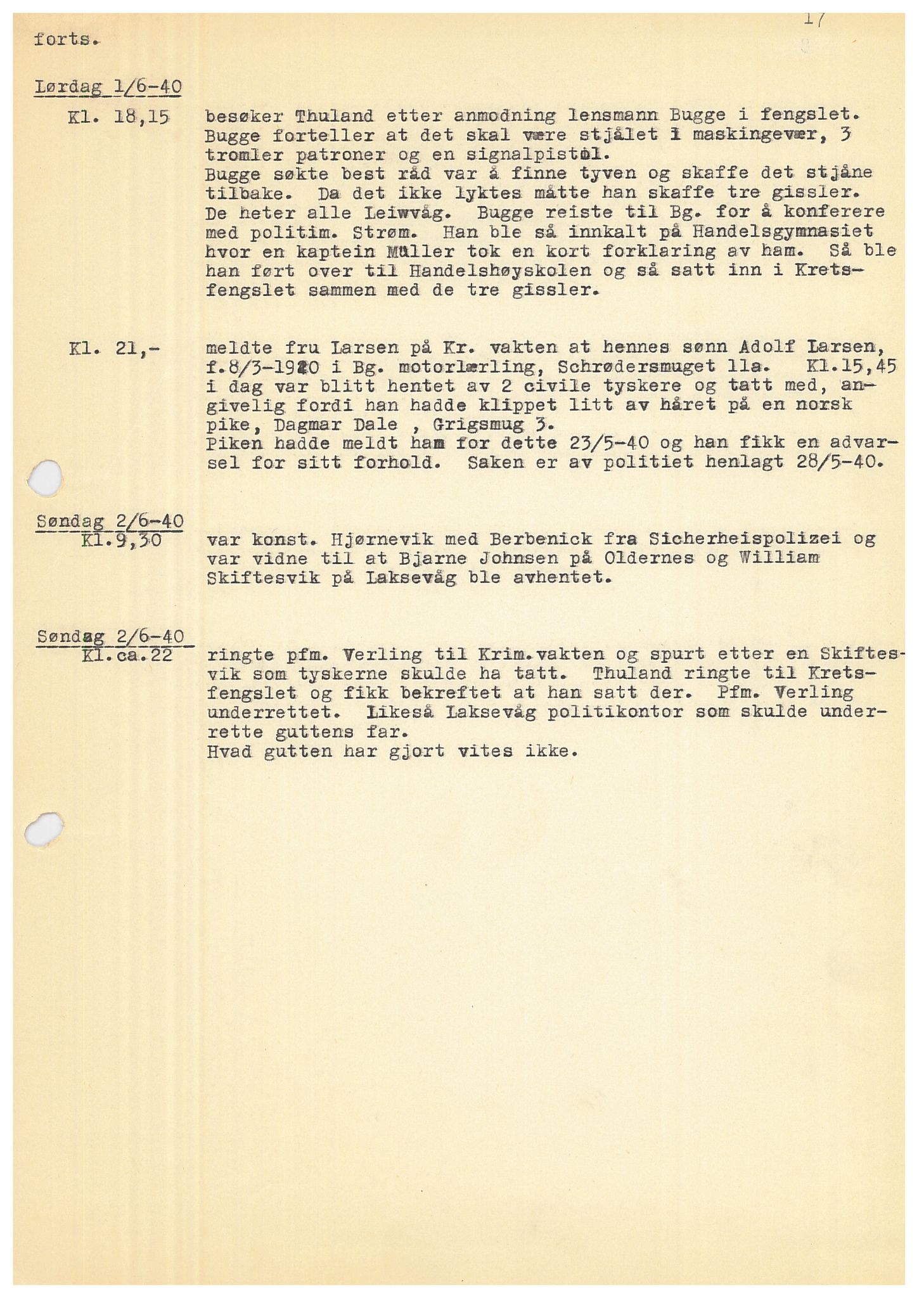 Bergen politikammer / politidistrikt, SAB/A-60401/Y/Ye/L0001: Avskrift av krigsdagbok av Dankert Thuland, 1940-1941, s. 17
