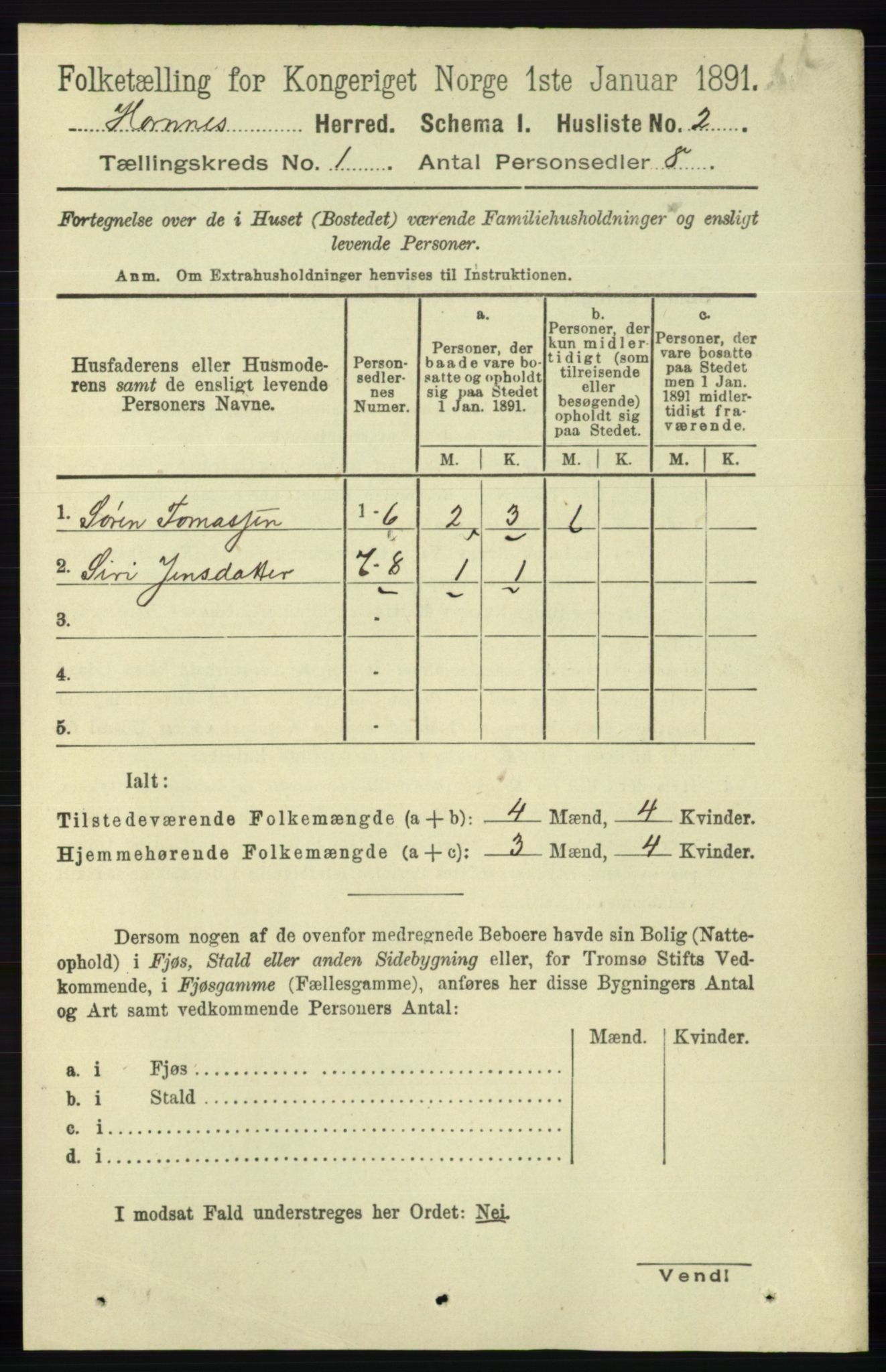 RA, Folketelling 1891 for 0936 Hornnes herred, 1891, s. 17