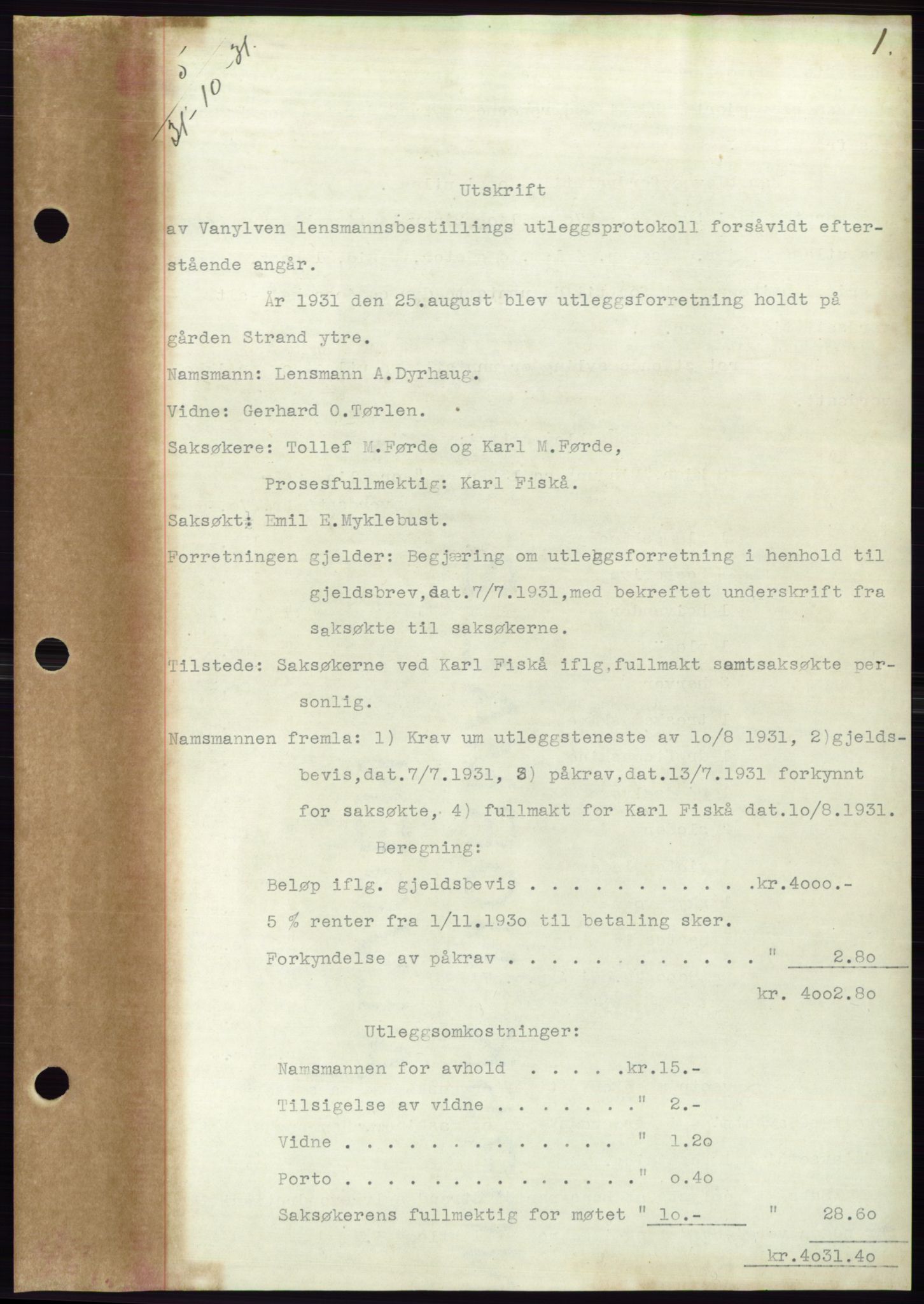 Søre Sunnmøre sorenskriveri, AV/SAT-A-4122/1/2/2C/L0053: Pantebok nr. 47, 1931-1932, Tingl.dato: 31.10.1931