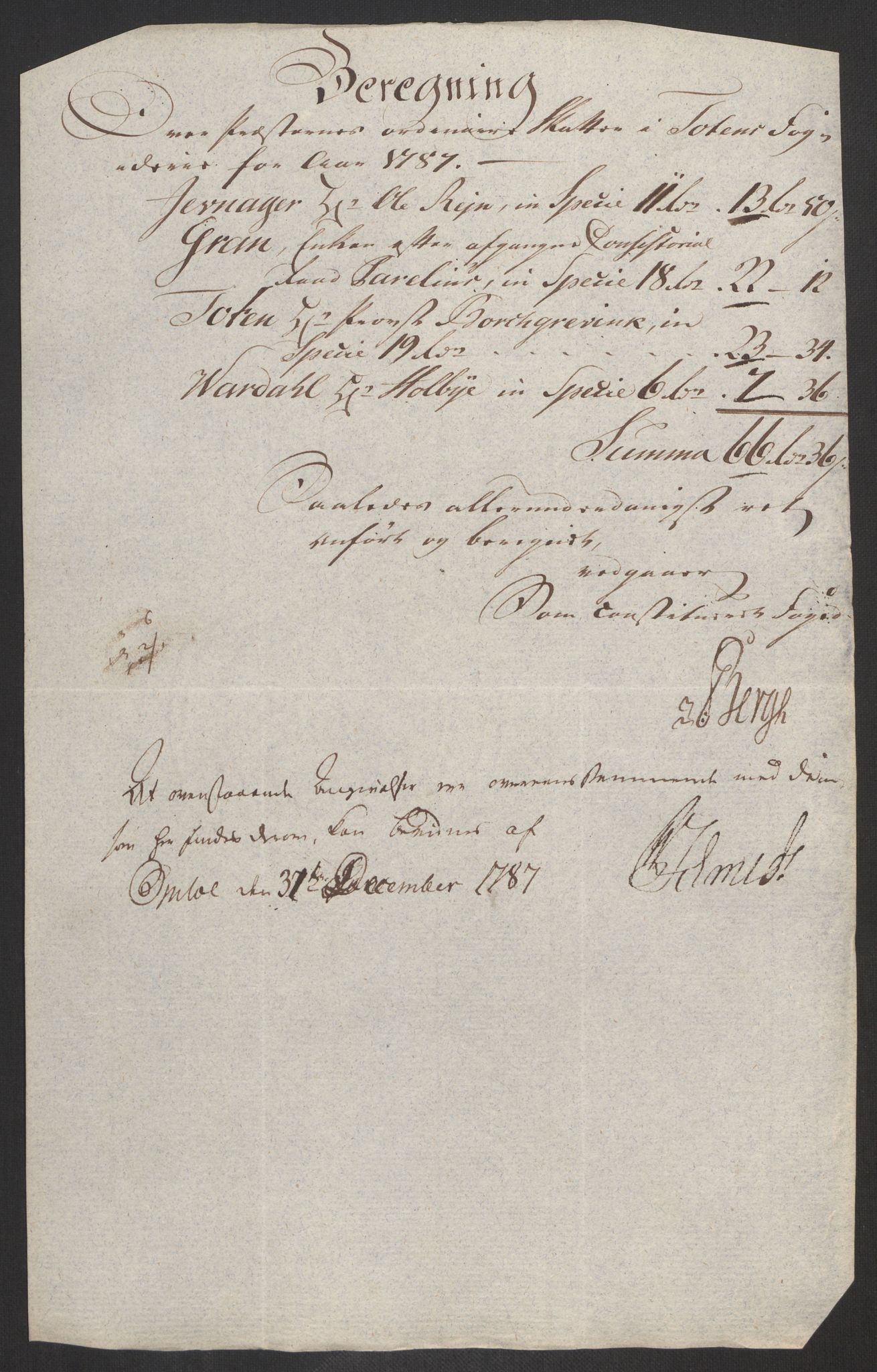 Rentekammeret inntil 1814, Reviderte regnskaper, Fogderegnskap, AV/RA-EA-4092/R19/L1374: Fogderegnskap Toten, Hadeland og Vardal, 1787, s. 63