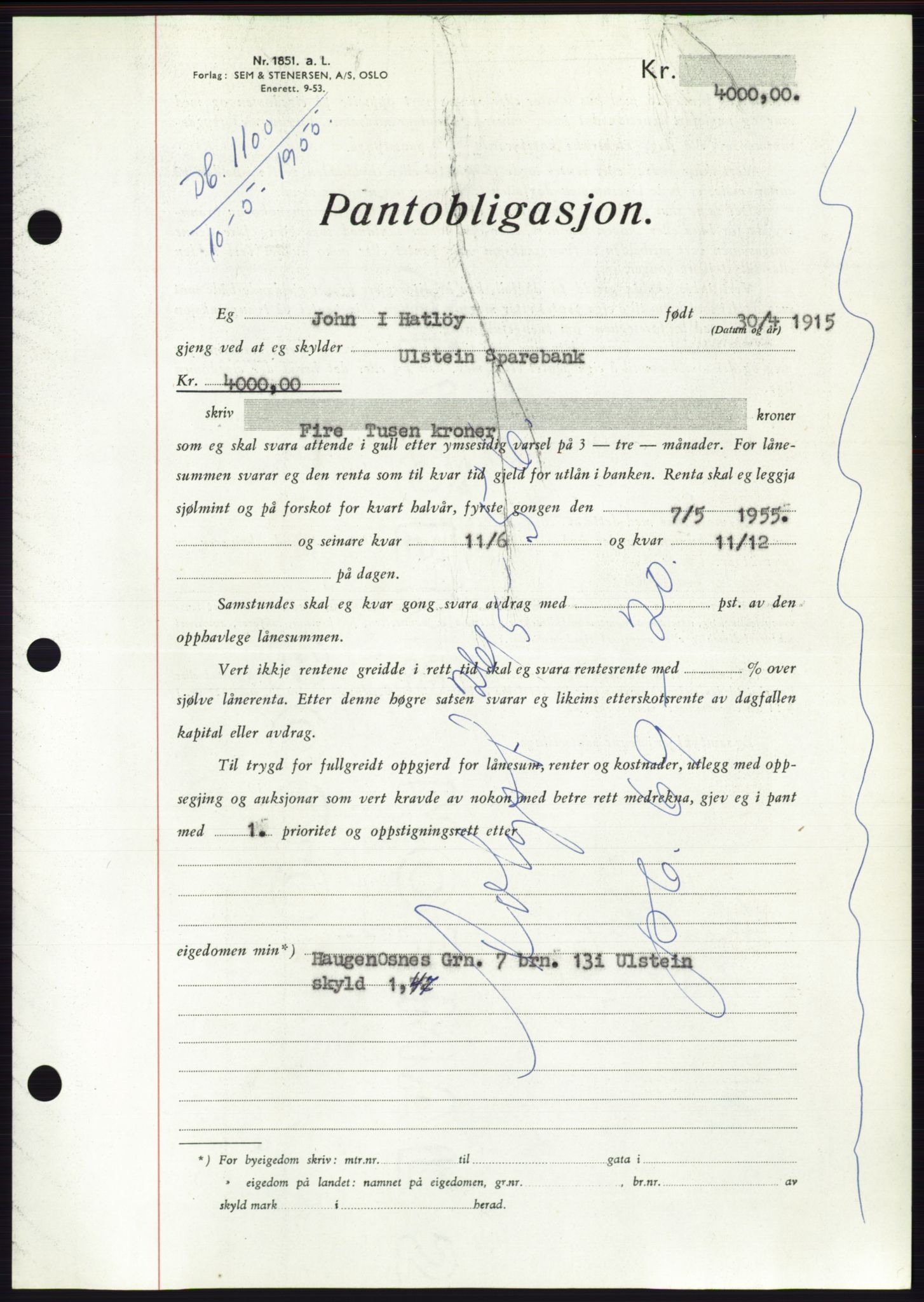 Søre Sunnmøre sorenskriveri, AV/SAT-A-4122/1/2/2C/L0126: Pantebok nr. 14B, 1954-1955, Dagboknr: 1100/1955