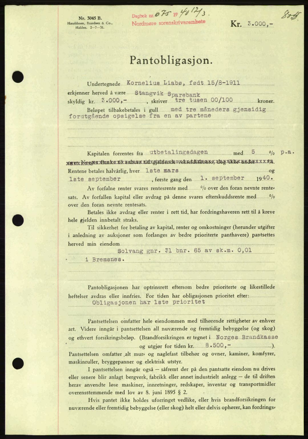 Nordmøre sorenskriveri, AV/SAT-A-4132/1/2/2Ca: Pantebok nr. B86, 1939-1940, Dagboknr: 675/1940