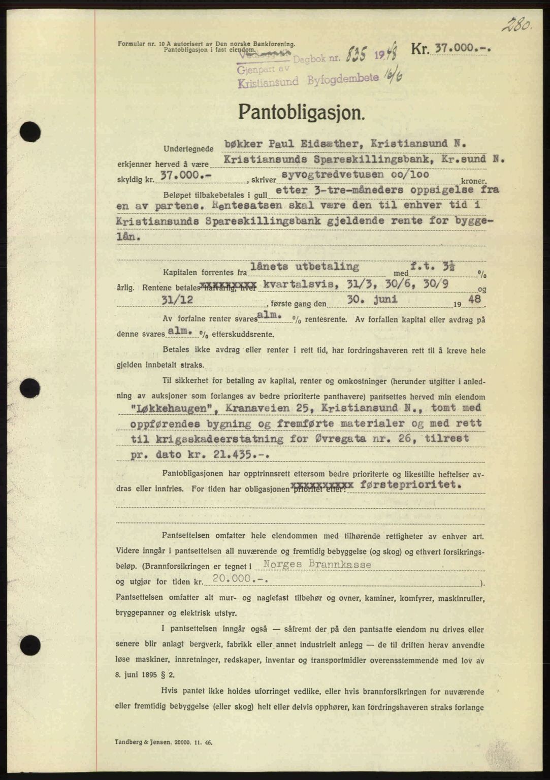 Kristiansund byfogd, AV/SAT-A-4587/A/27: Pantebok nr. 44, 1947-1948, Dagboknr: 835/1948