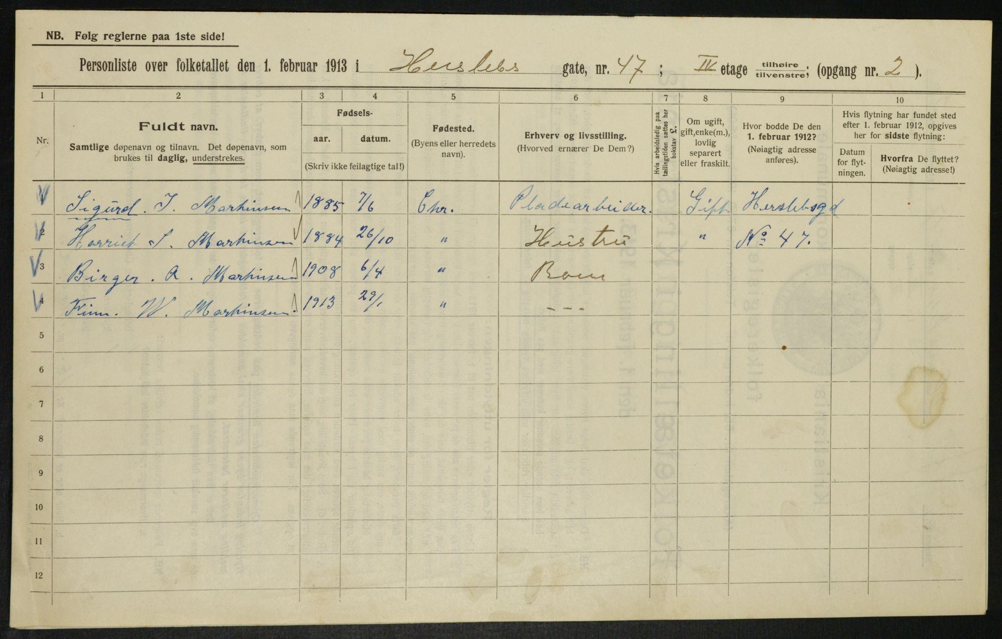 OBA, Kommunal folketelling 1.2.1913 for Kristiania, 1913, s. 39660