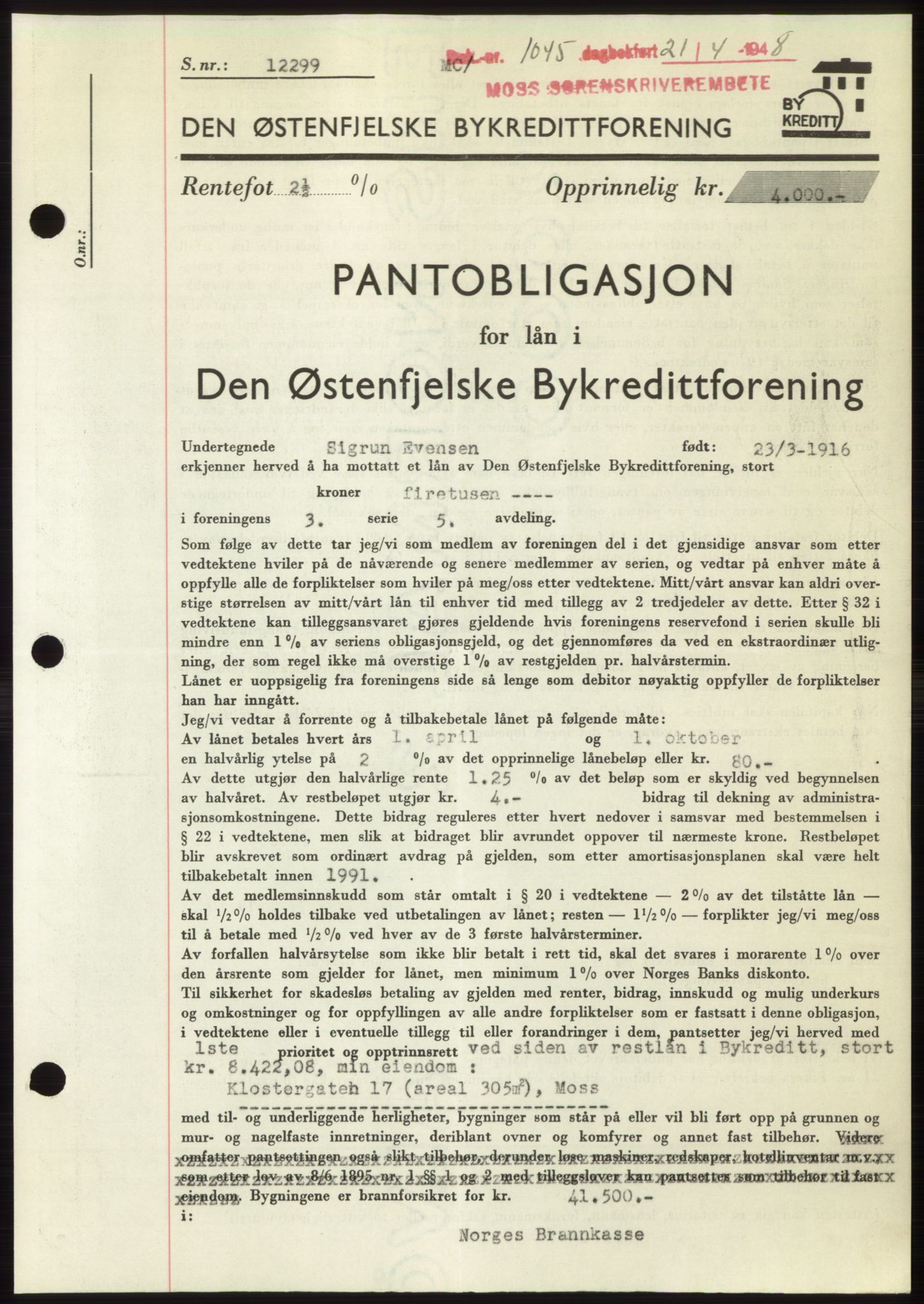 Moss sorenskriveri, SAO/A-10168: Pantebok nr. B19, 1948-1948, Dagboknr: 1045/1948