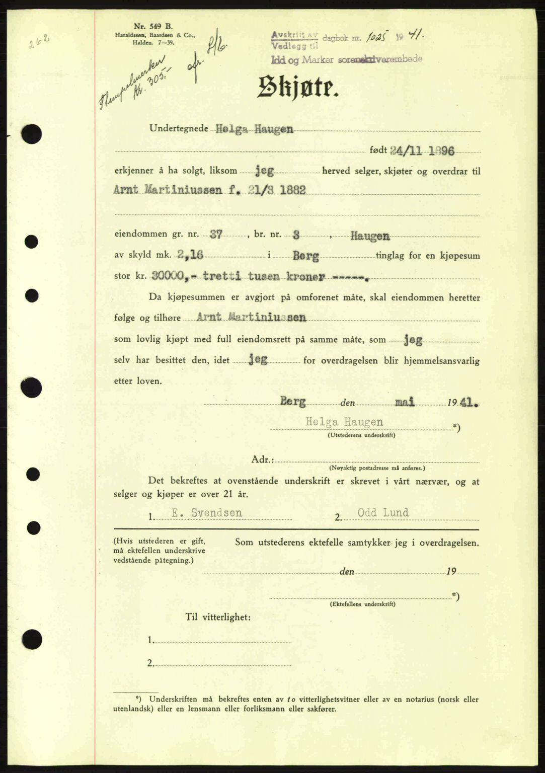 Idd og Marker sorenskriveri, AV/SAO-A-10283/G/Gb/Gbb/L0004: Pantebok nr. A4, 1940-1941, Dagboknr: 1025/1941