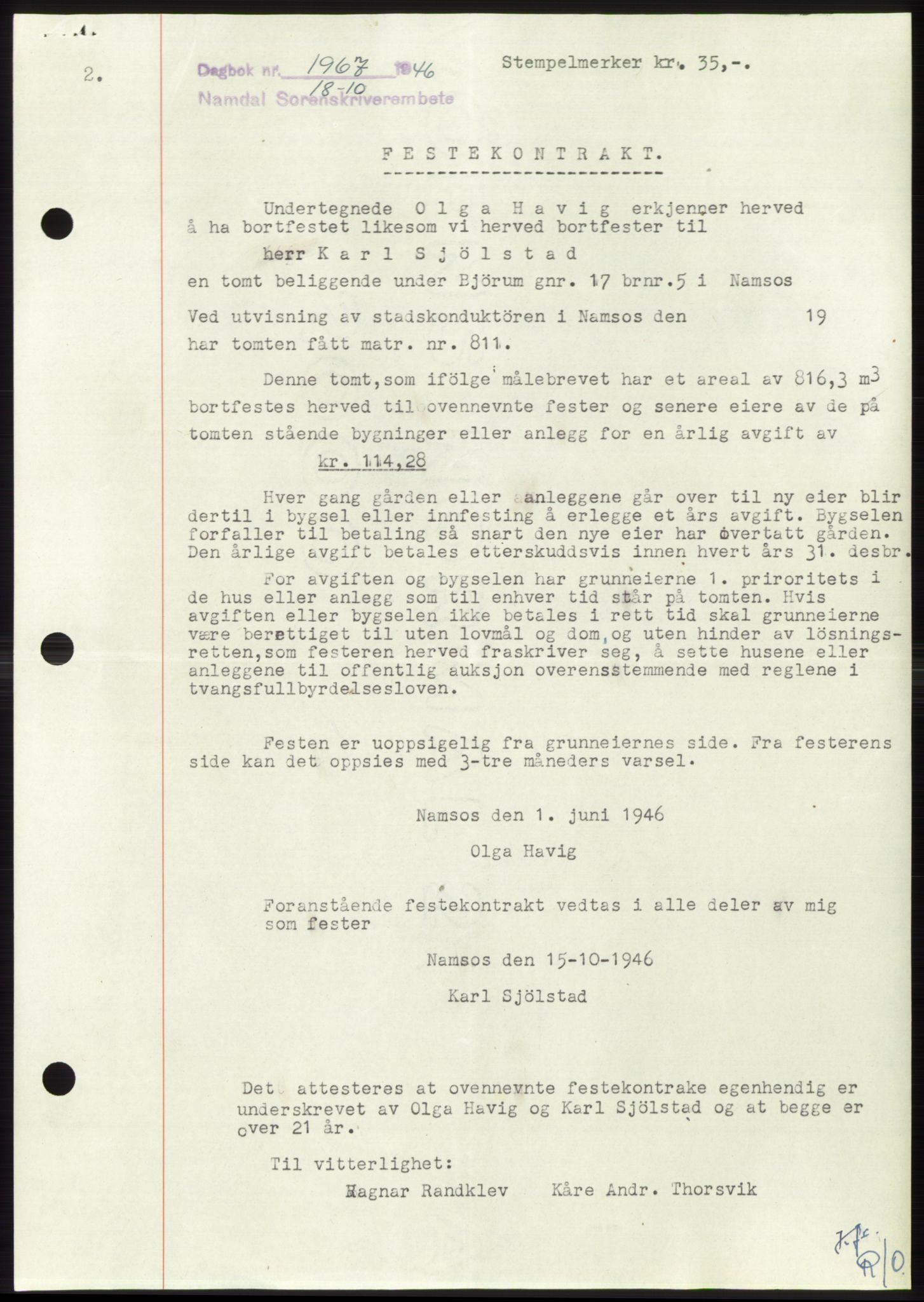 Namdal sorenskriveri, SAT/A-4133/1/2/2C: Pantebok nr. -, 1946-1947, Dagboknr: 1967/1946