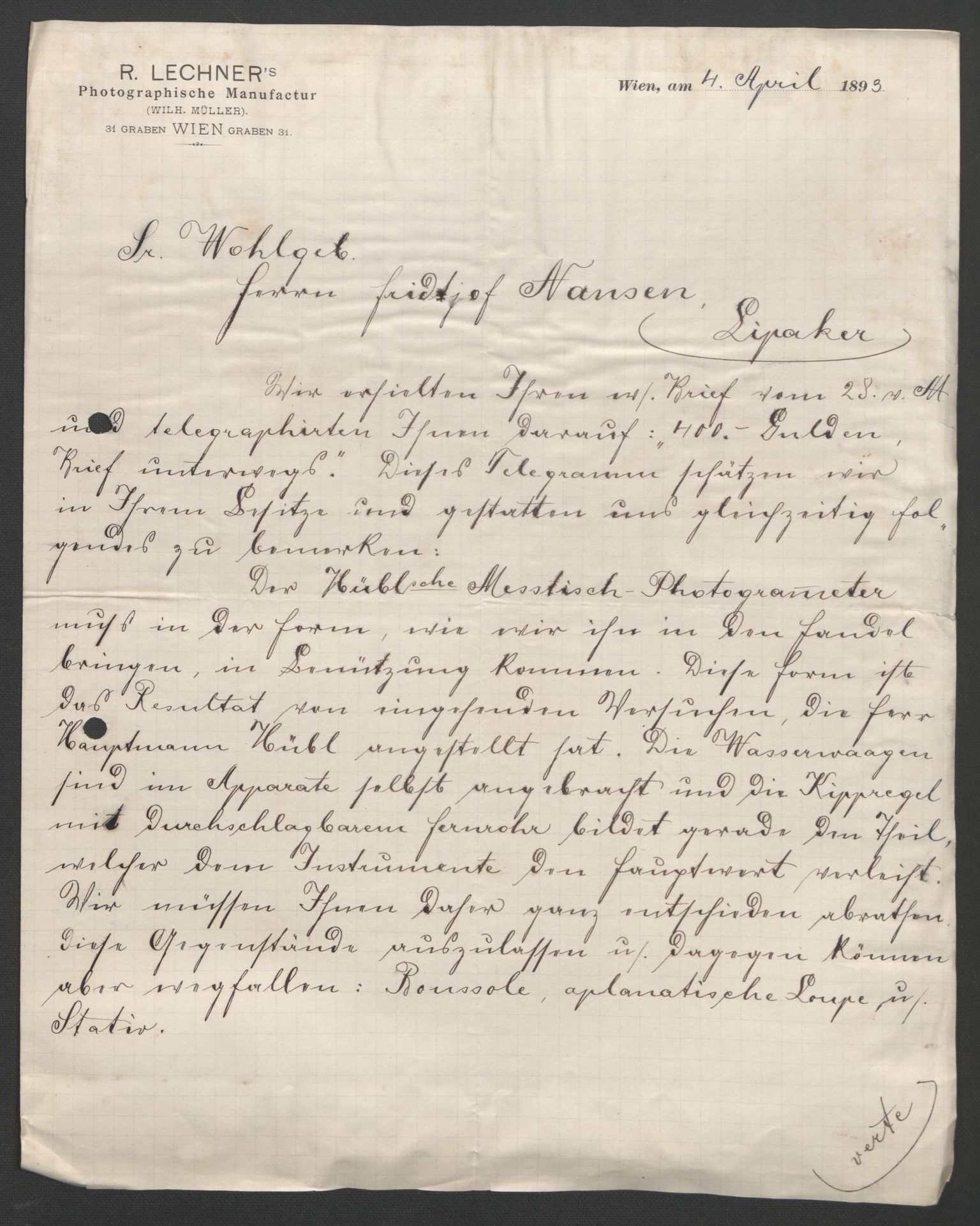 Arbeidskomitéen for Fridtjof Nansens polarekspedisjon, AV/RA-PA-0061/D/L0003/0001: Innk. brev og telegrammer vedr. proviant og utrustning / Utrustningen m.m. - korrespondanse, 1892-1893, s. 219