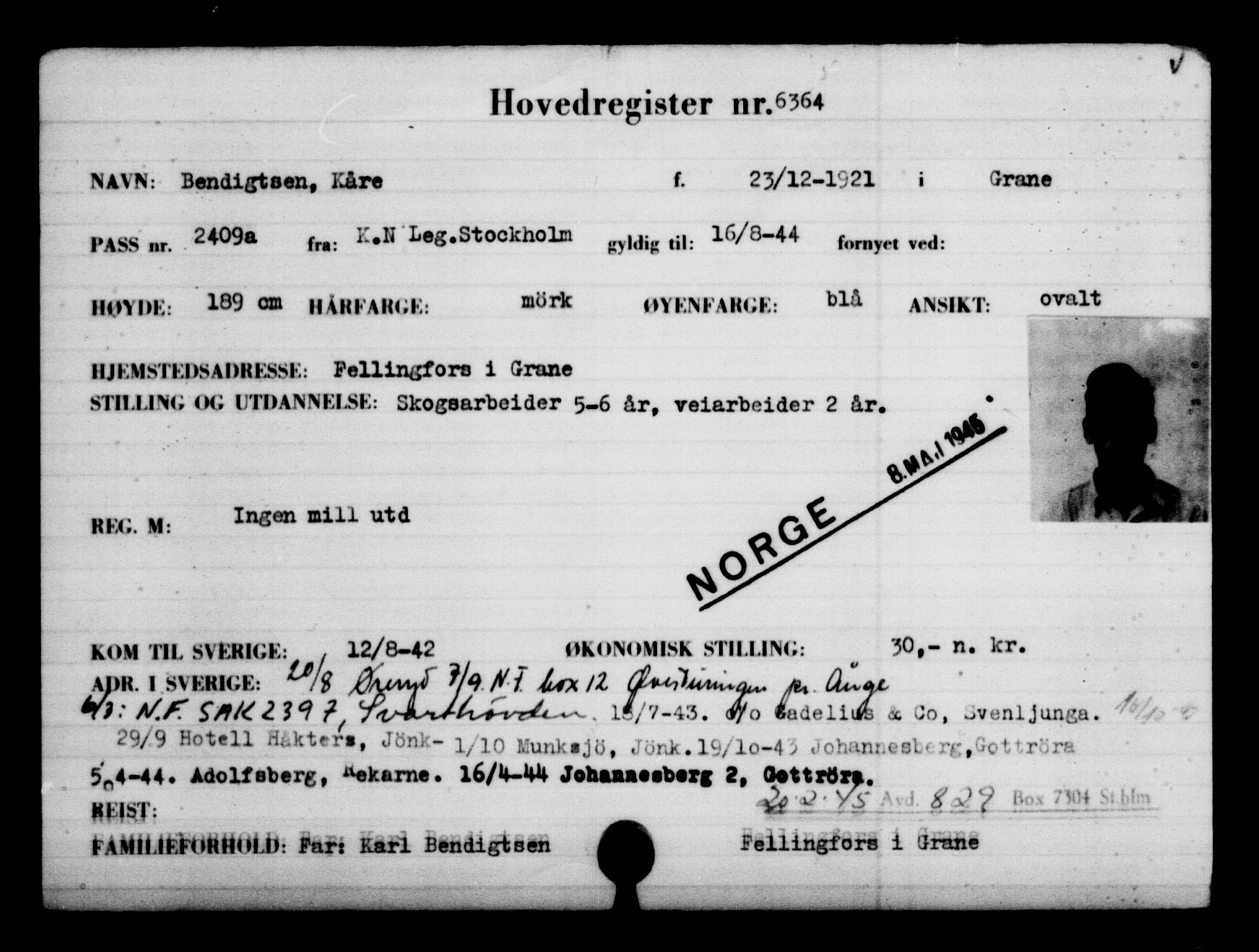 Utenriksstasjonene, Legasjonen i Stockholm, Flyktningkontoret, AV/RA-S-6753/V/Va/L0004: Kjesäterkartoteket, flyktninger med registreringsnr. 3496-6610, 1940-1945, s. 3393