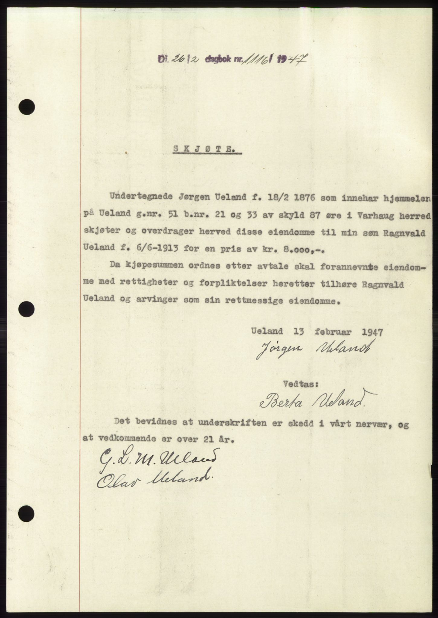 Jæren sorenskriveri, SAST/A-100310/03/G/Gba/L0093: Pantebok, 1947-1947, Dagboknr: 1116/1947