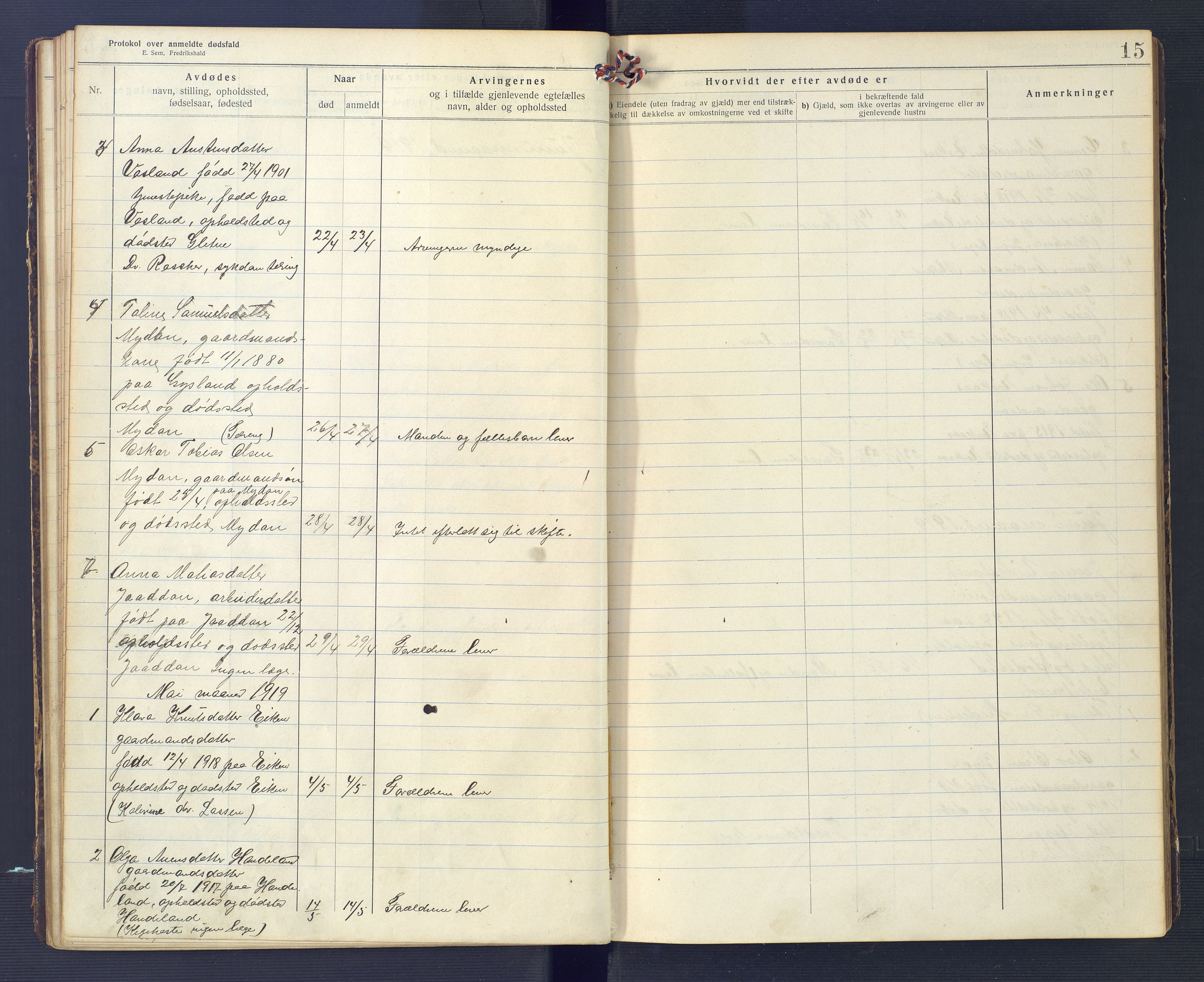 Hægebostad og Eiken lensmannskontor, AV/SAK-1241-0023/F/Fe/L0002: Dødsfallsprotokoll nr 34, 1917-1932, s. 15