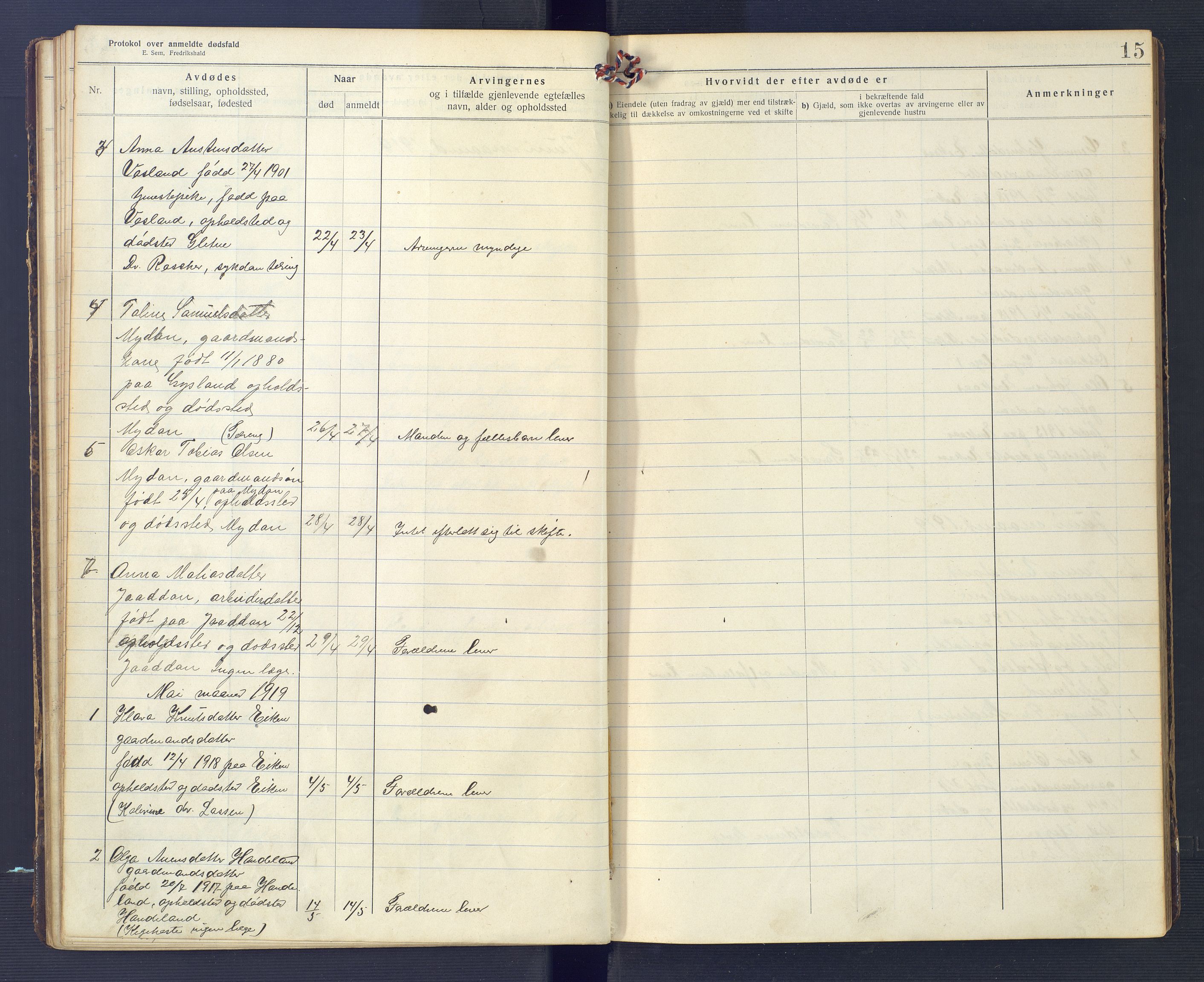 Hægebostad og Eiken lensmannskontor, SAK/1241-0023/F/Fe/L0002: Dødsfallsprotokoll nr 34, 1917-1932, s. 15