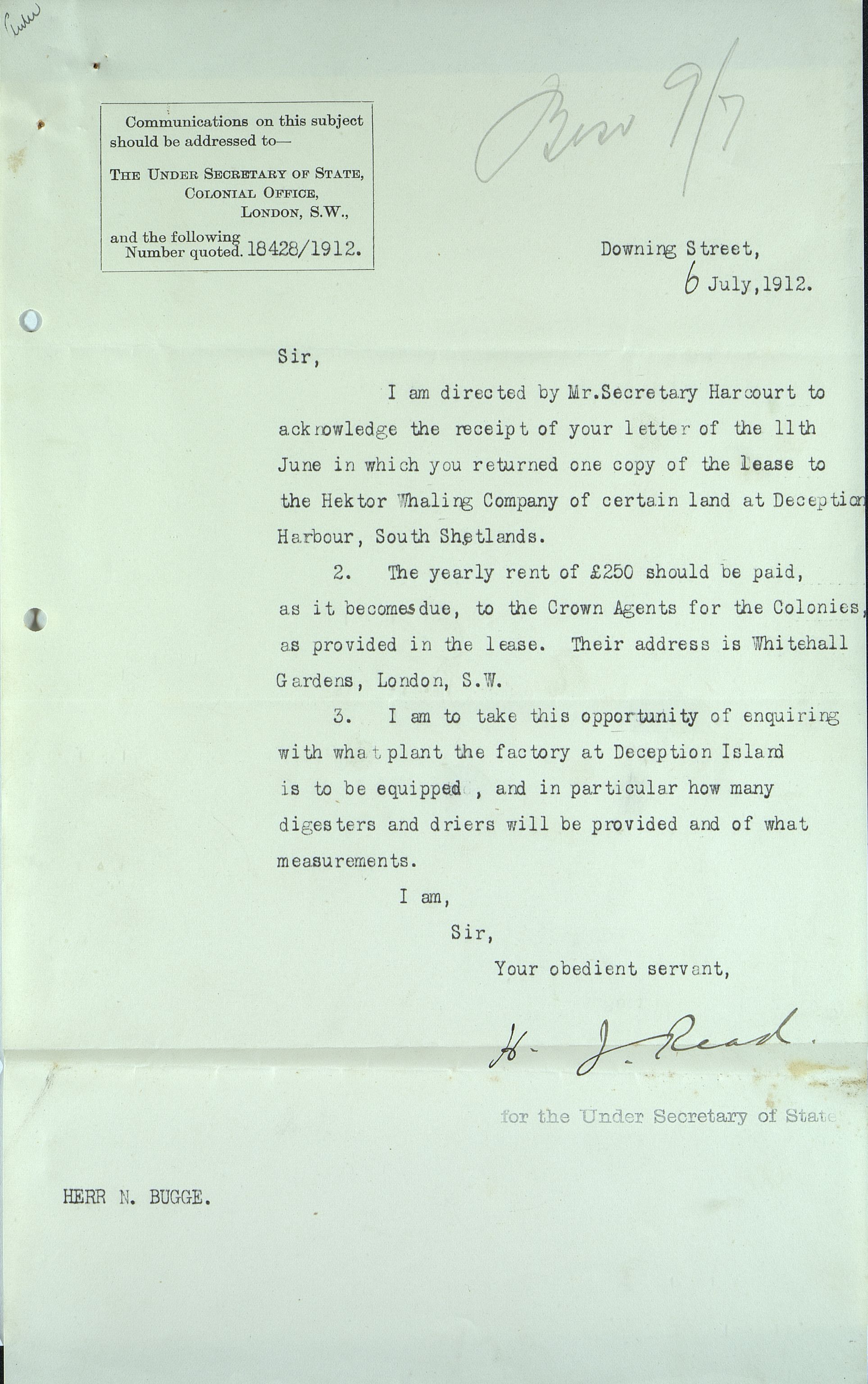 Pa 258 - N. Bugge AS, VEMU/A-1326/E/Ea/L0001/0002: Lisensavtaler og korrespondanse med Britiske myndigheter / The Under Secretary of State, Colonial Office, 1912-1920