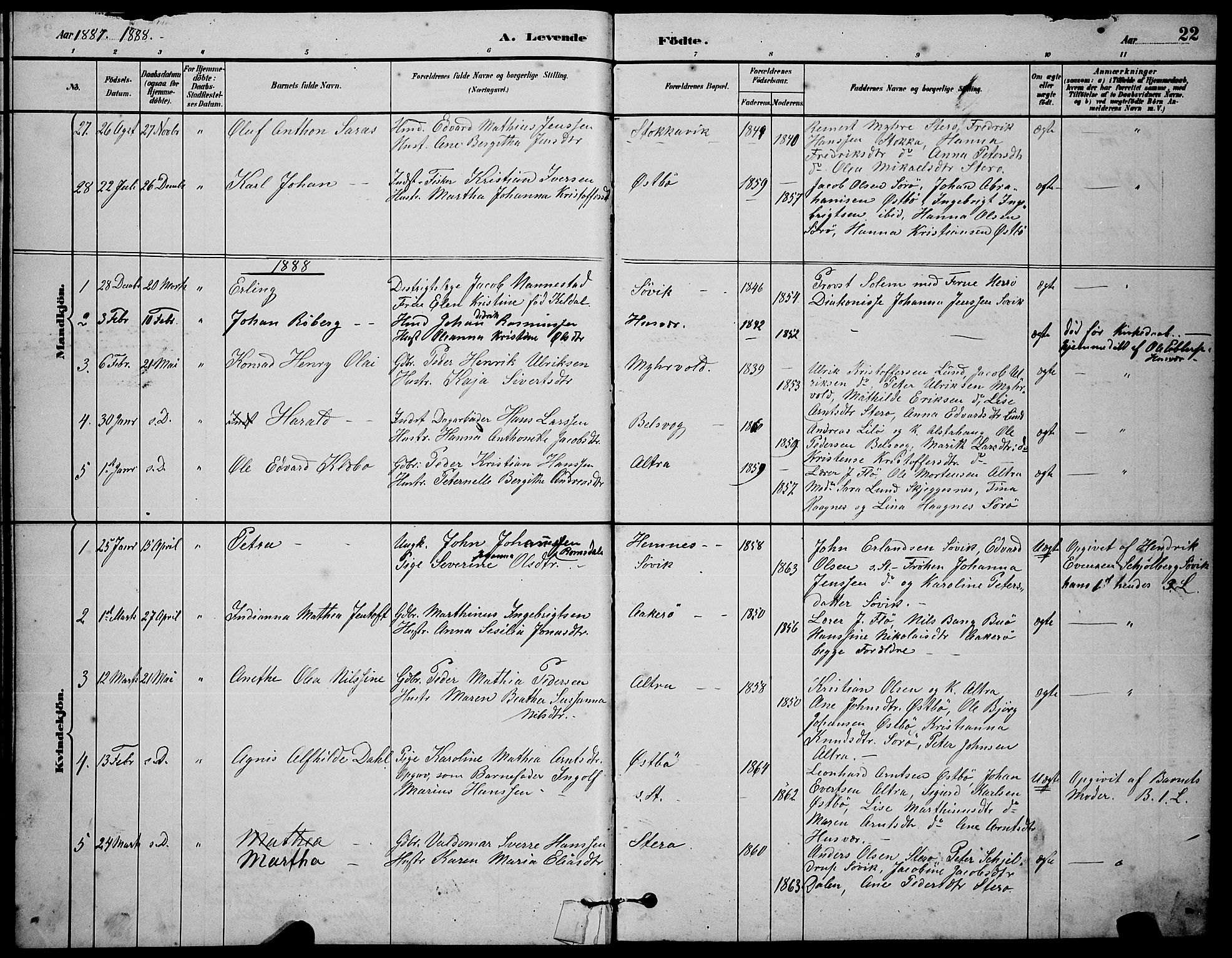 Ministerialprotokoller, klokkerbøker og fødselsregistre - Nordland, SAT/A-1459/830/L0462: Klokkerbok nr. 830C04, 1882-1895, s. 22