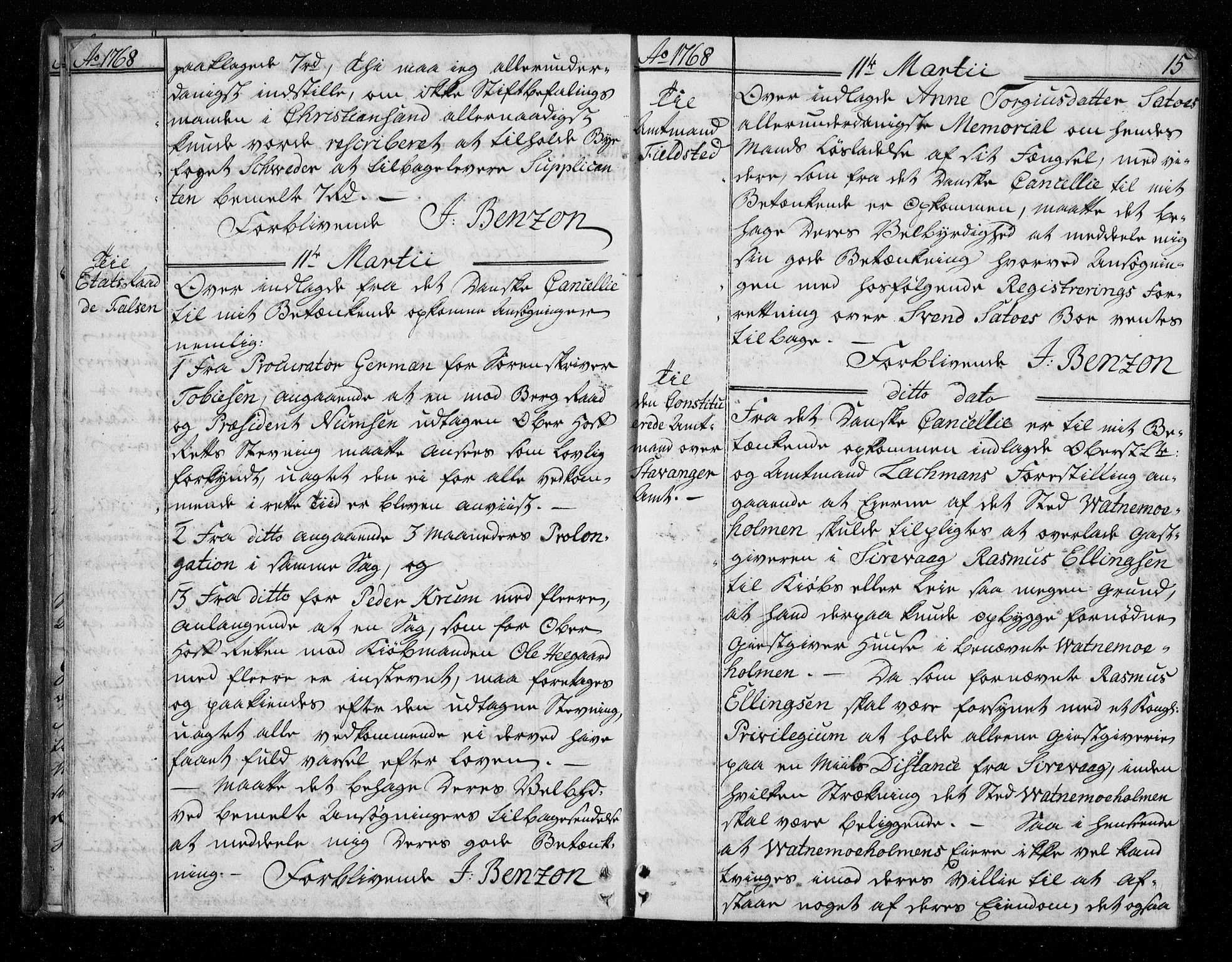 Stattholderembetet 1572-1771, AV/RA-EA-2870/Bf/L0007: Stattholderprotokoll (allmenn kopibok), 1768-1769, s. 14b-15a