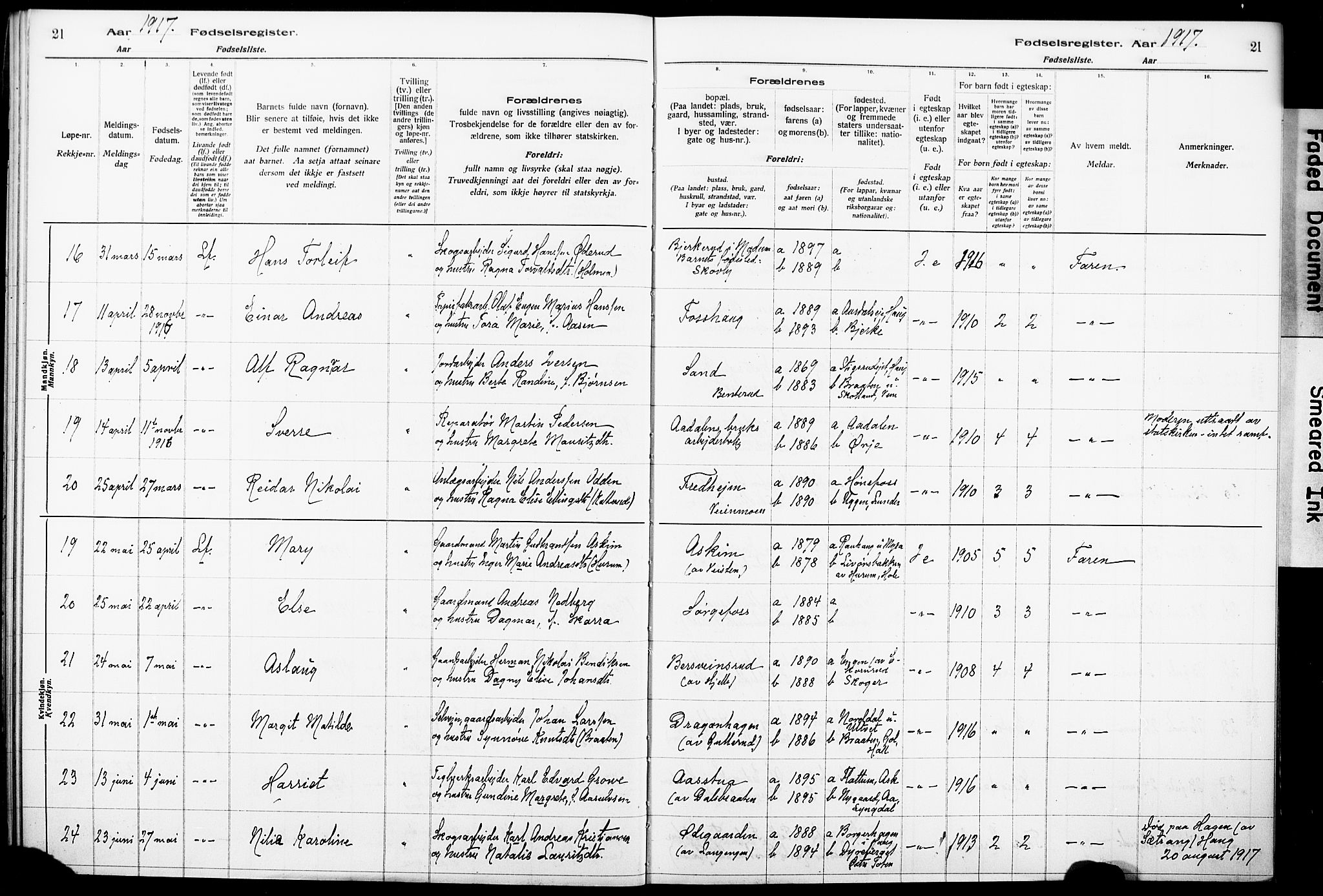 Norderhov kirkebøker, AV/SAKO-A-237/J/Ja/L0001: Fødselsregister nr. 1, 1916-1930, s. 21