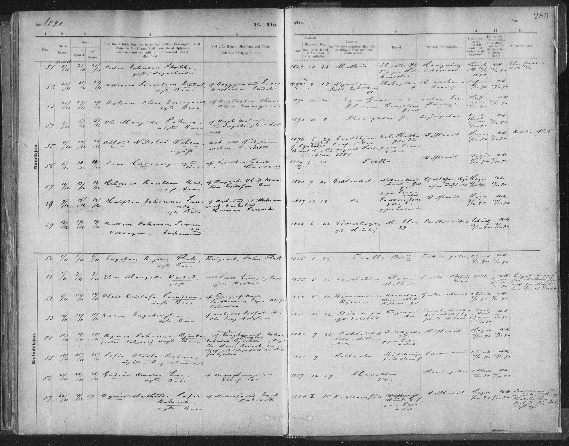 Ministerialprotokoller, klokkerbøker og fødselsregistre - Sør-Trøndelag, SAT/A-1456/603/L0162: Ministerialbok nr. 603A01, 1879-1895, s. 280