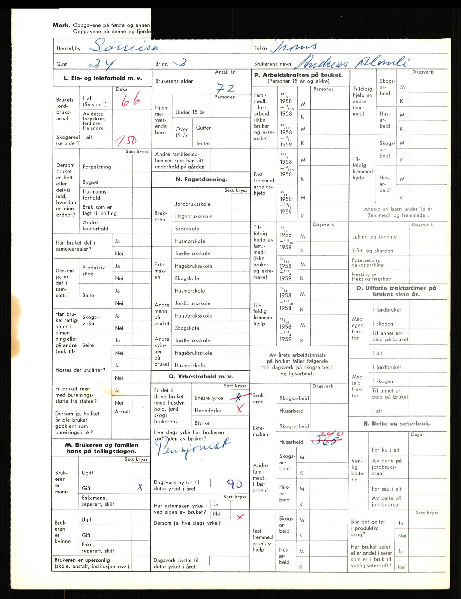 Statistisk sentralbyrå, Næringsøkonomiske emner, Jordbruk, skogbruk, jakt, fiske og fangst, AV/RA-S-2234/G/Gd/L0656: Troms: 1924 Målselv (kl. 0-3) og 1925 Sørreisa, 1959, s. 2001