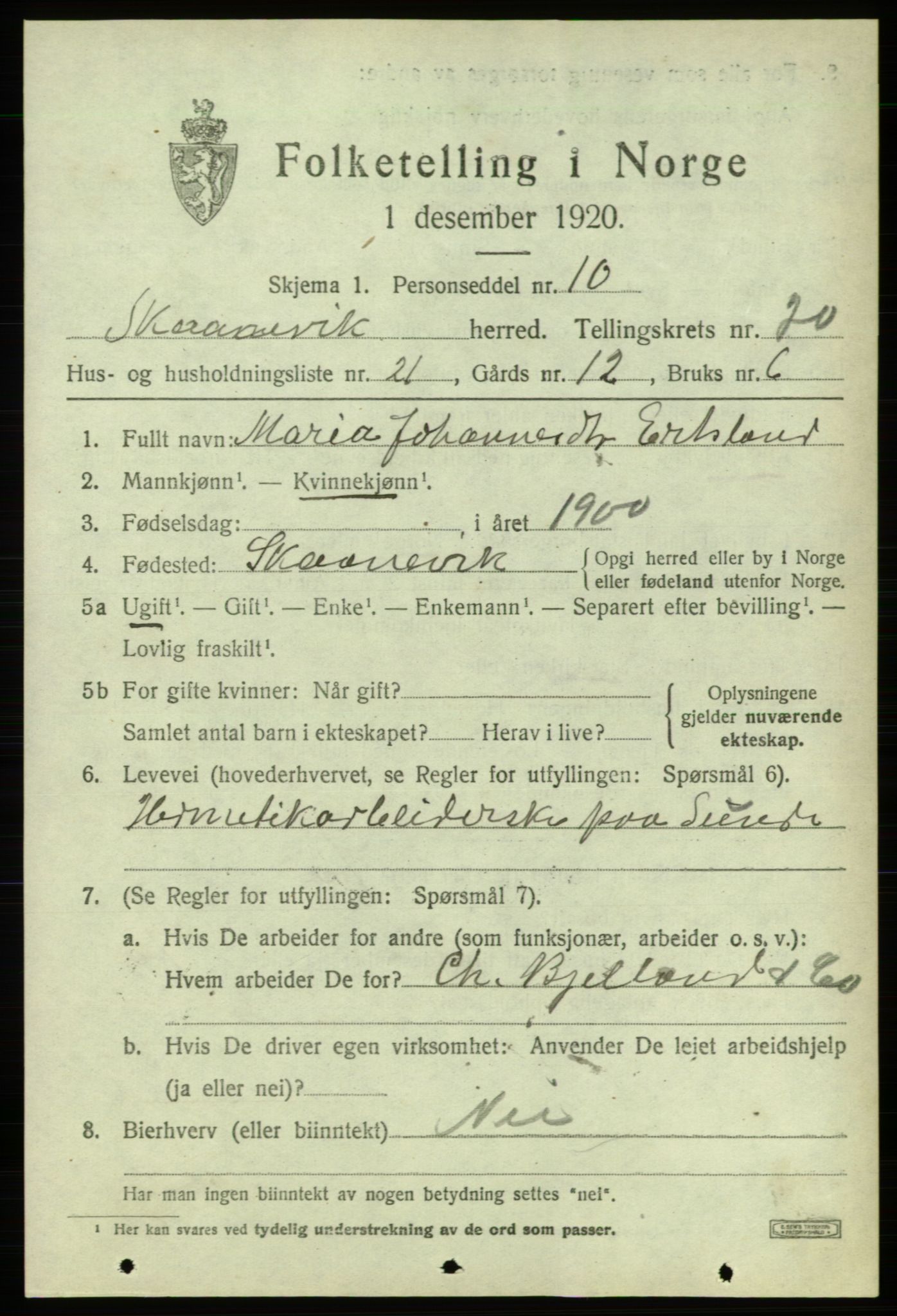 SAB, Folketelling 1920 for 1212 Skånevik herred, 1920, s. 7693