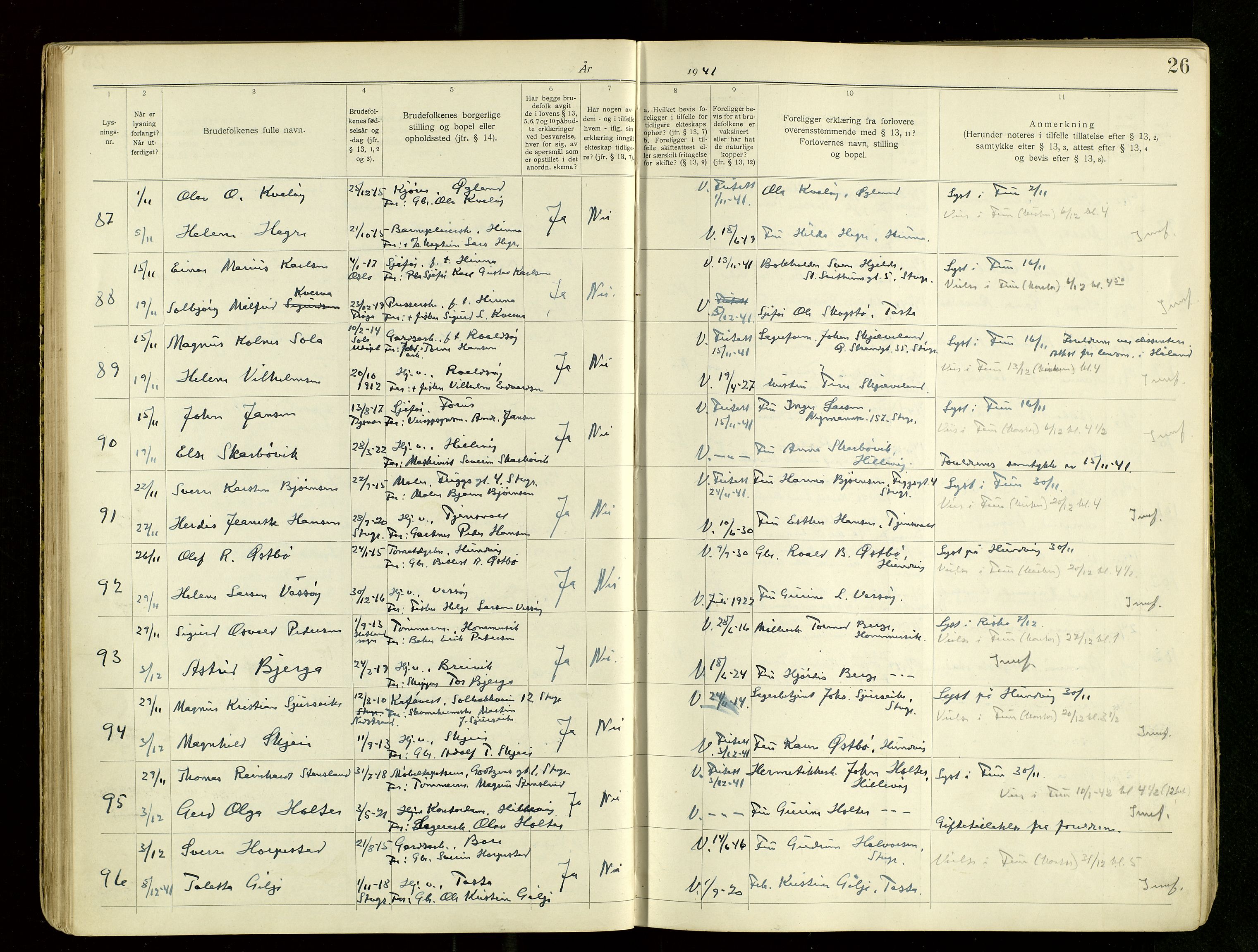 Hetland sokneprestkontor, AV/SAST-A-101826/70/705BA/L0007: Lysningsprotokoll nr. 7, 1939-1951, s. 26