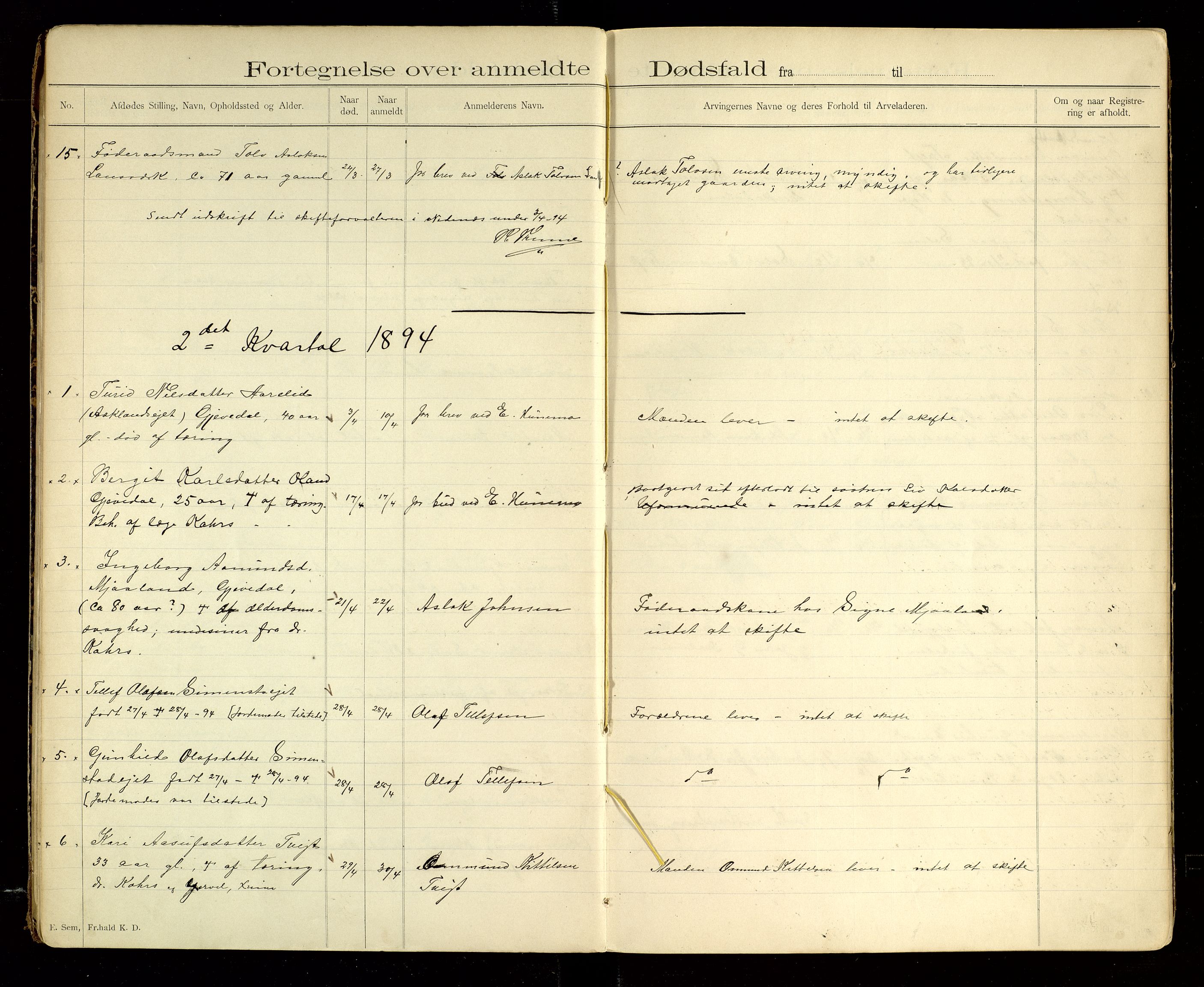 Åmli lensmannskontor, AV/SAK-1241-0054/F/Fe/L0001: Dødsfallsprotokoll nr 100, 1893-1924