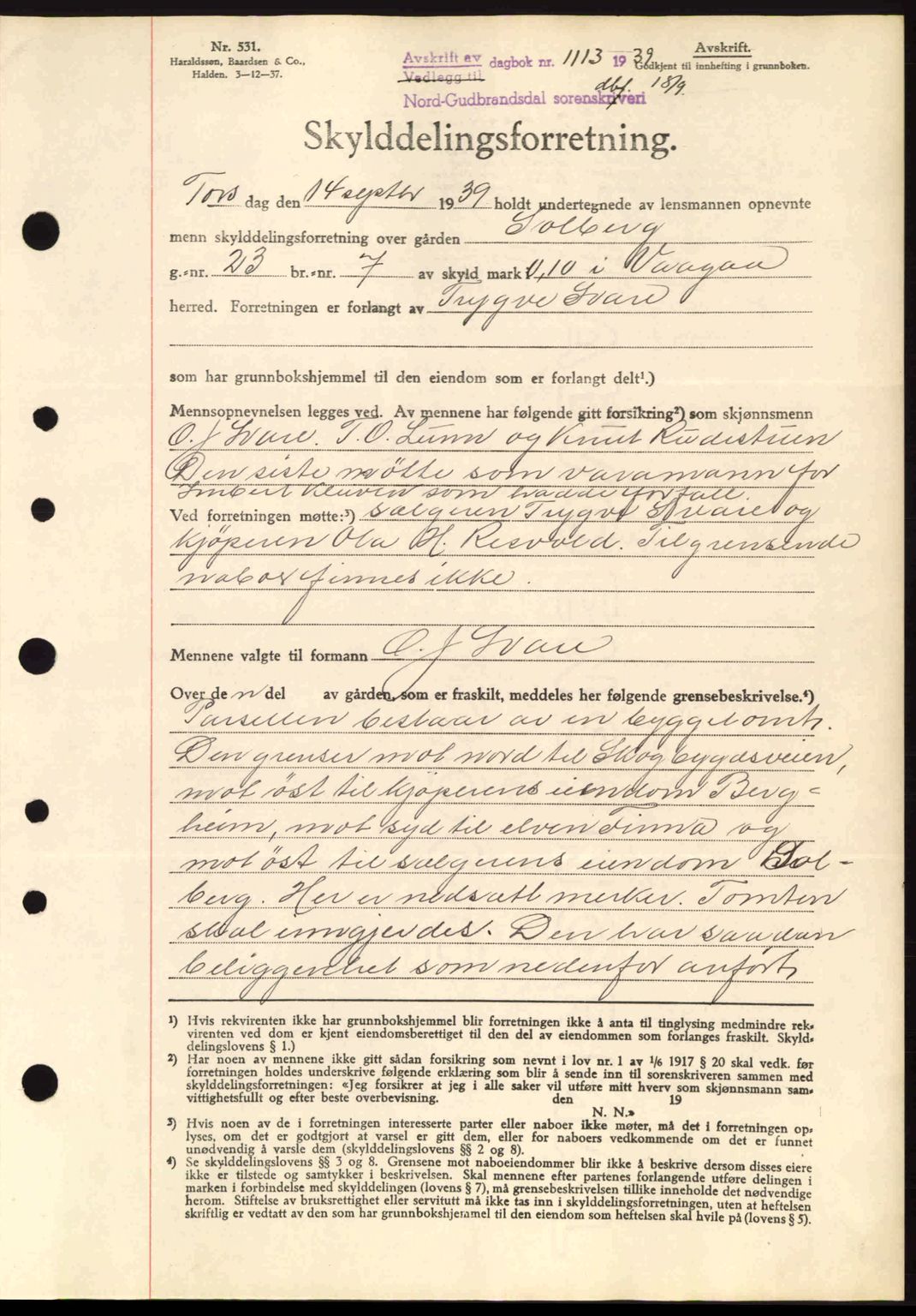 Nord-Gudbrandsdal tingrett, SAH/TING-002/H/Hb/Hbb/L0005: Pantebok nr. FA5, 1939-1940, Dagboknr: 1113/1939