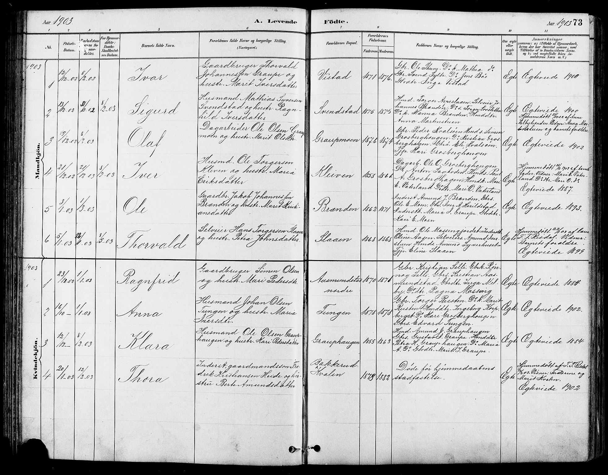 Nord-Fron prestekontor, AV/SAH-PREST-080/H/Ha/Hab/L0005: Klokkerbok nr. 5, 1884-1914, s. 73