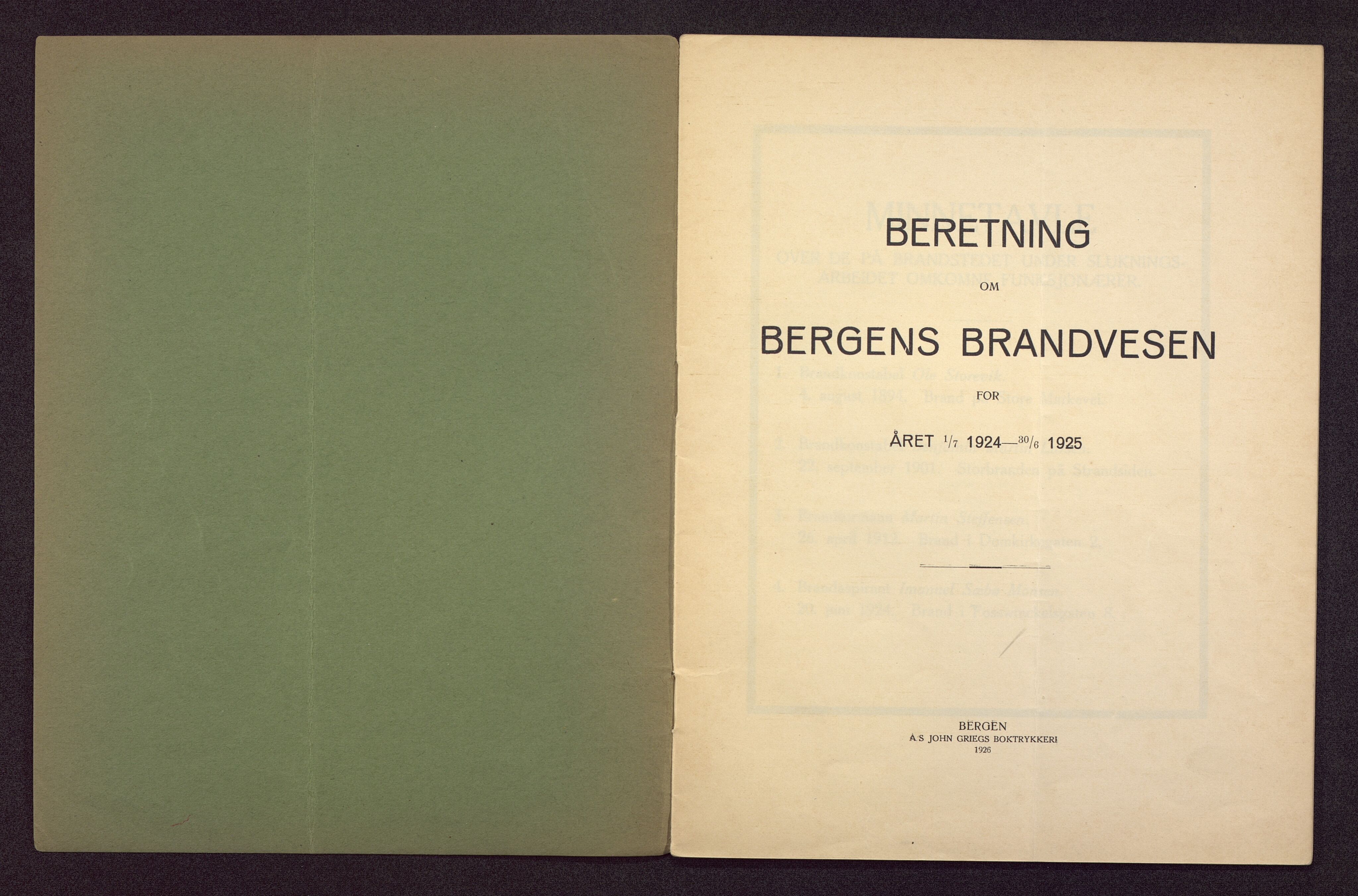 Bergen kommune. Brannvesenet (1863-1971), BBA/A-1181/X/Xa/L0009: Årsberetning, 1924-1925