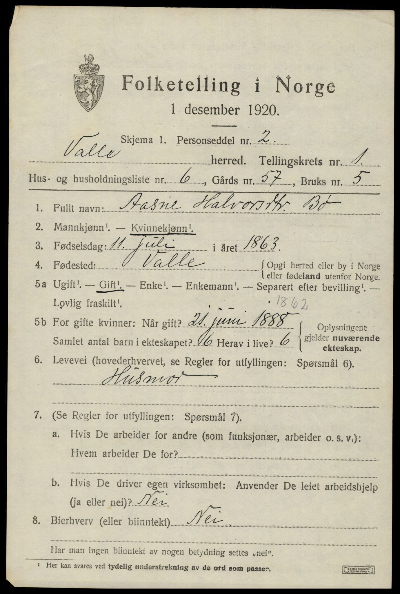 SAK, Folketelling 1920 for 0940 Valle herred, 1920, s. 503