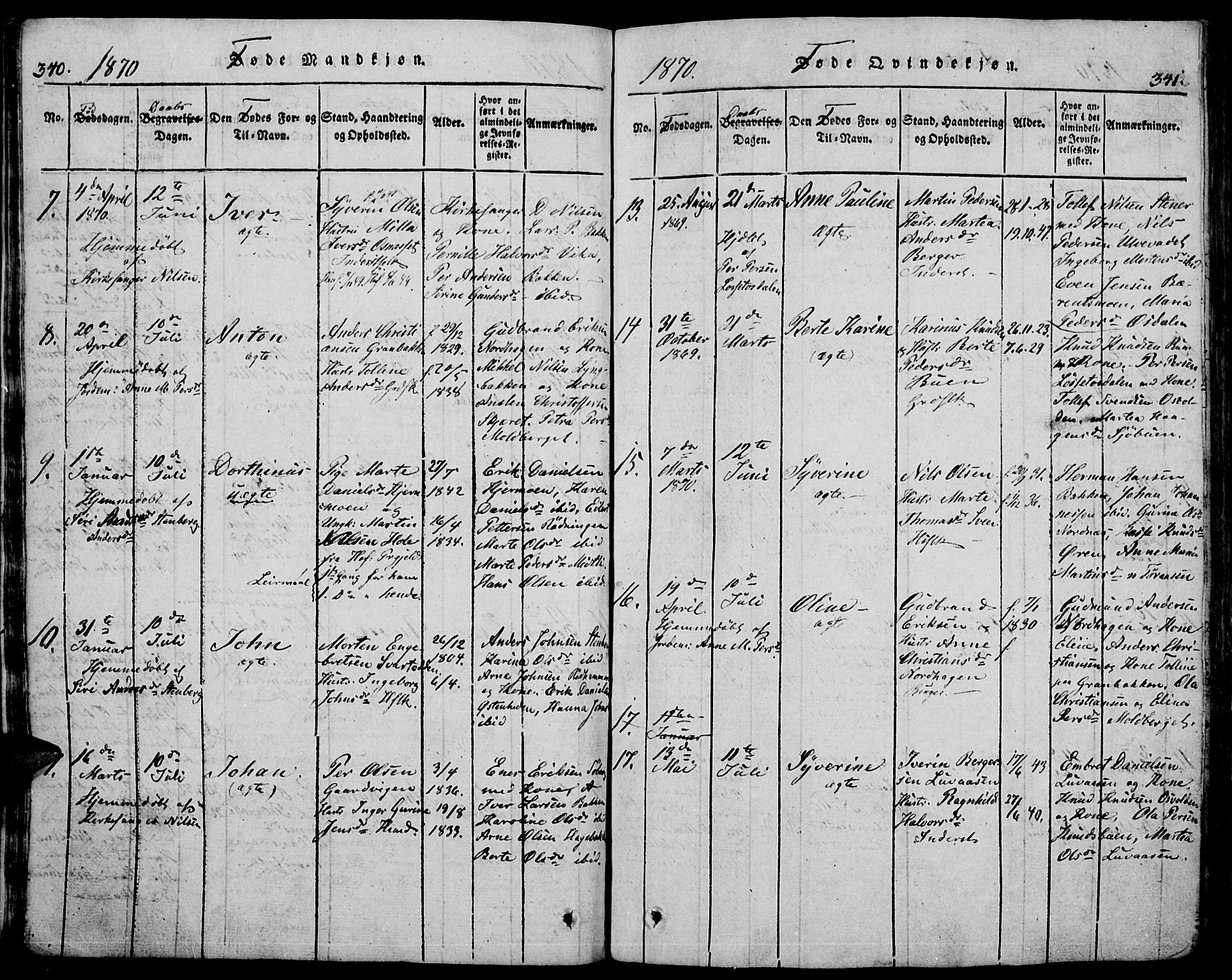 Trysil prestekontor, AV/SAH-PREST-046/H/Ha/Hab/L0005: Klokkerbok nr. 5, 1814-1877, s. 340-341