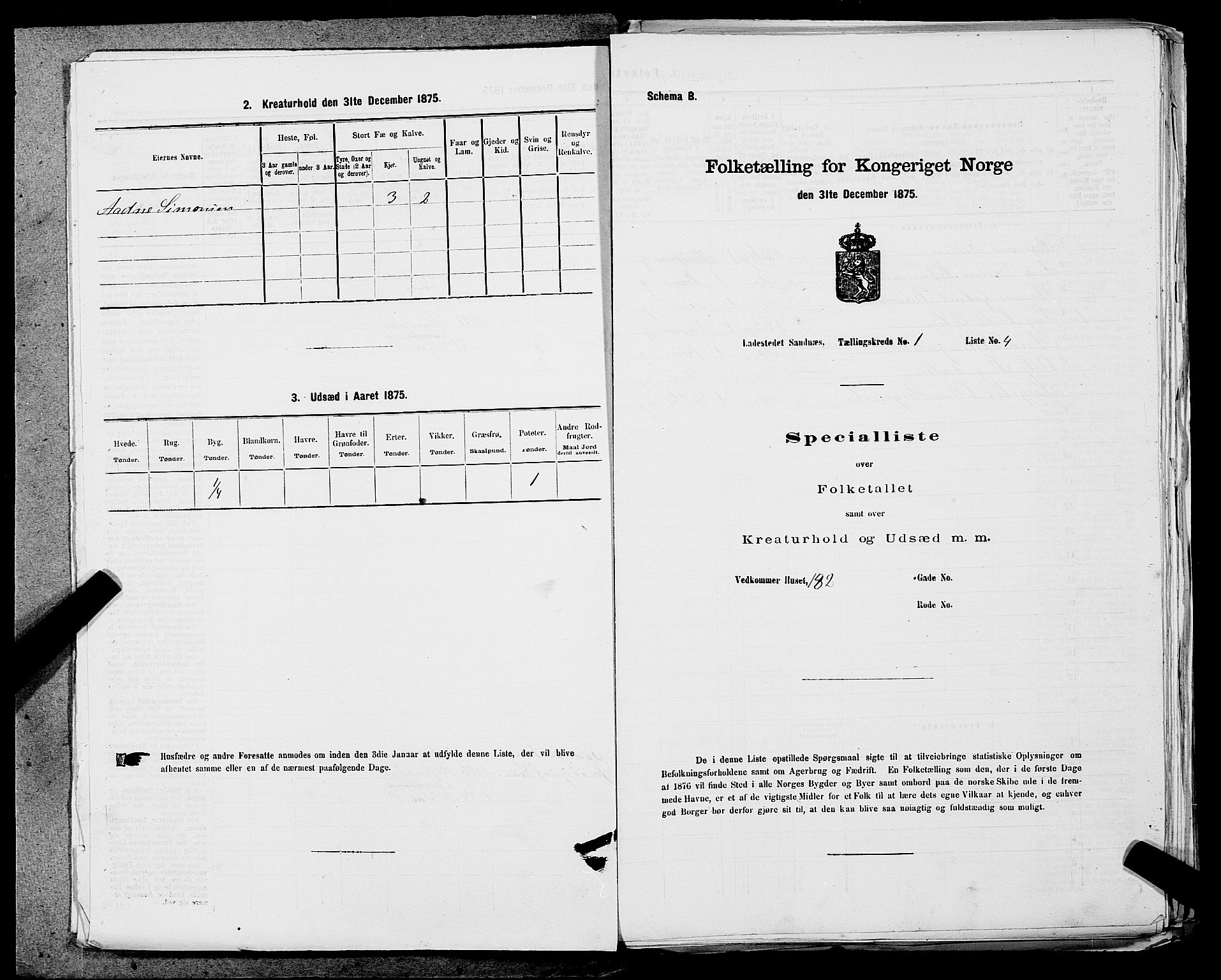 SAST, Folketelling 1875 for 1102B Høyland prestegjeld, Sandnes ladested, 1875, s. 7