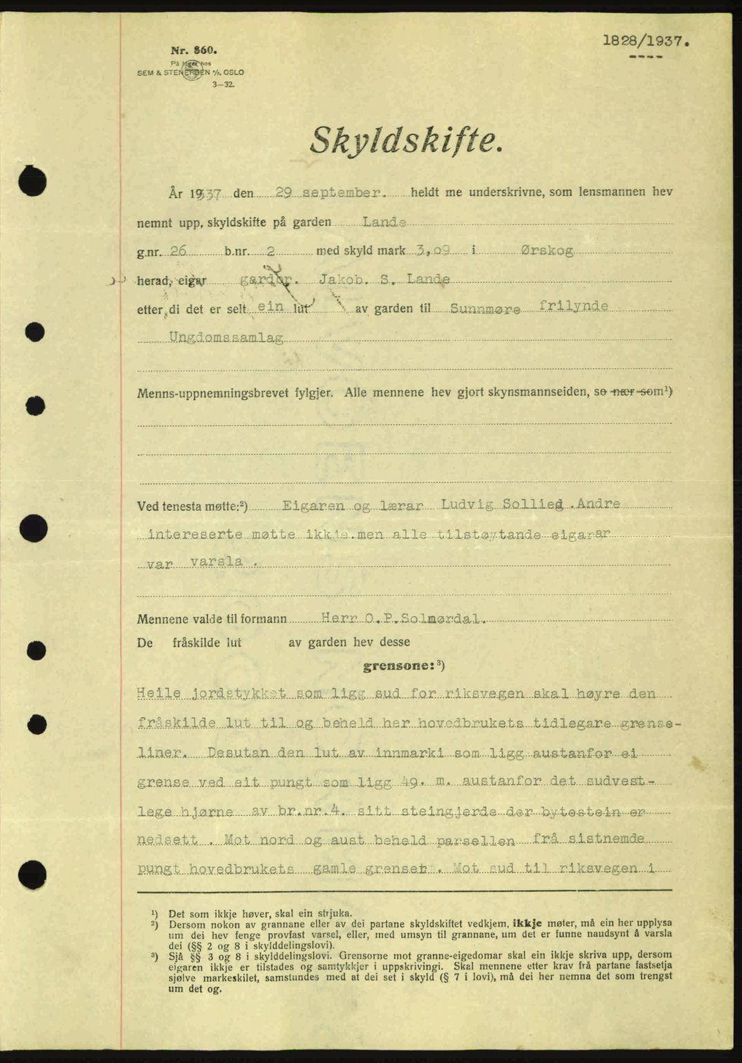 Nordre Sunnmøre sorenskriveri, AV/SAT-A-0006/1/2/2C/2Ca: Pantebok nr. A4, 1937-1938, Dagboknr: 1828/1937