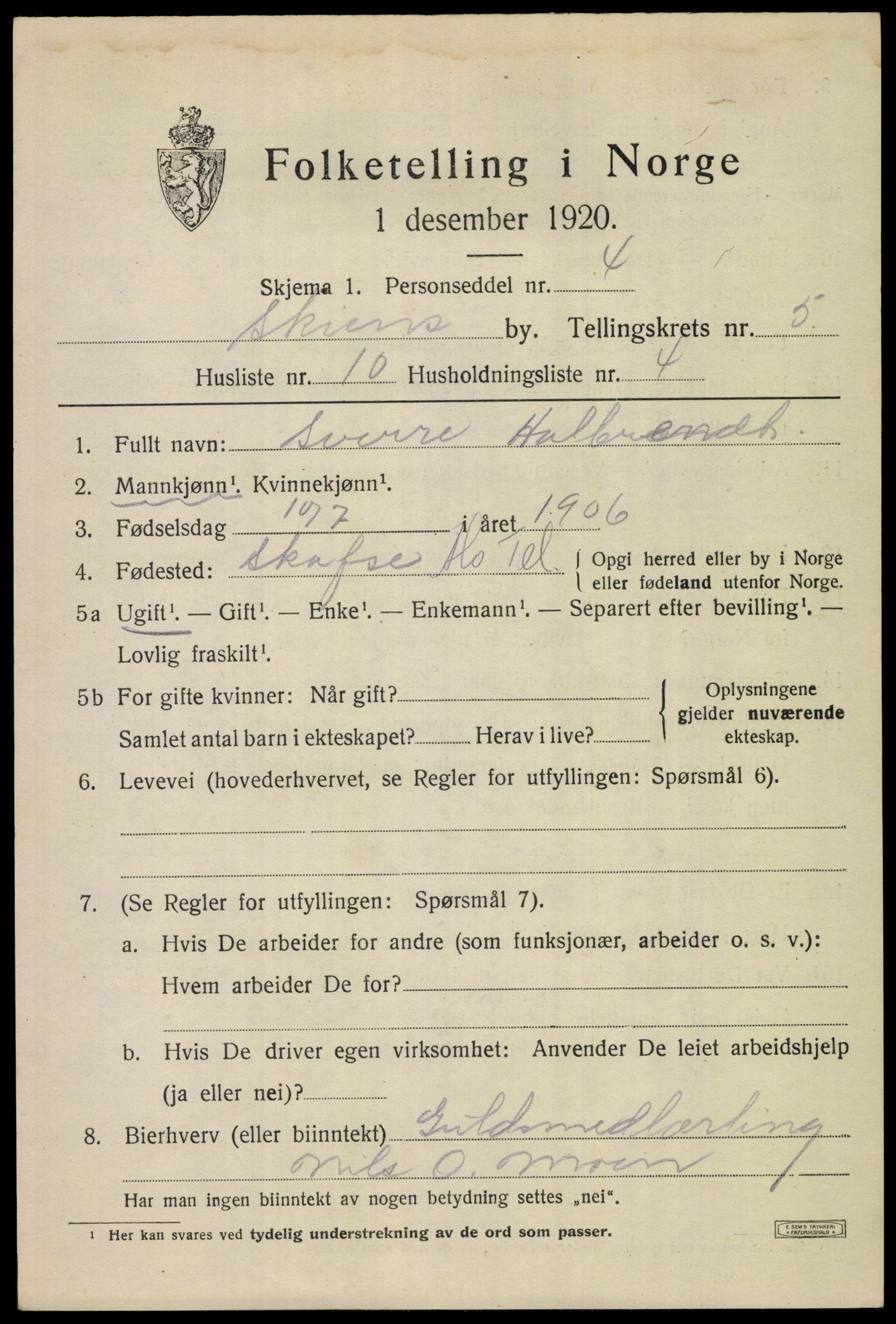 SAKO, Folketelling 1920 for 0806 Skien kjøpstad, 1920, s. 19698
