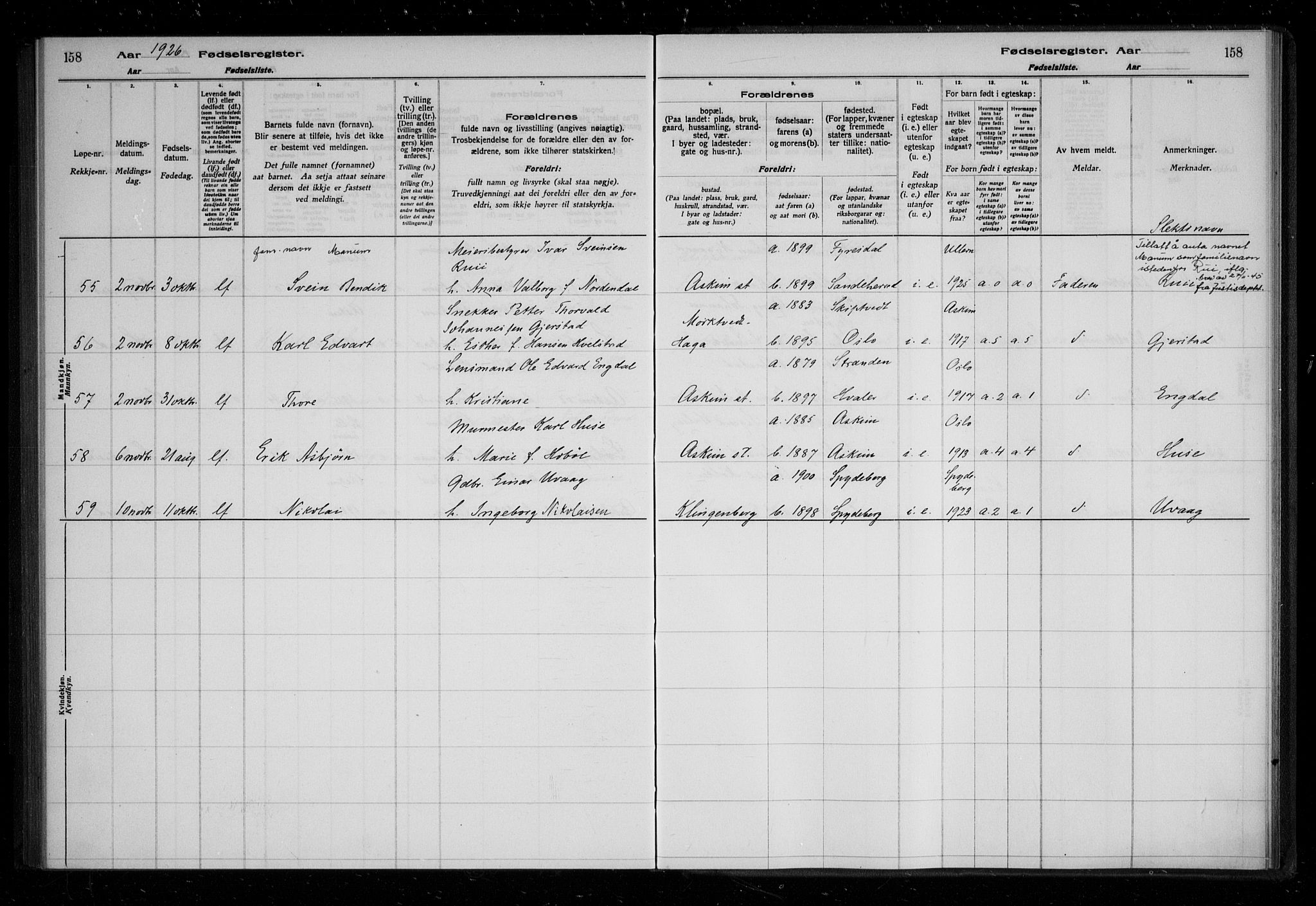 Askim prestekontor Kirkebøker, AV/SAO-A-10900/J/Ja/L0001: Fødselsregister nr. 1, 1916-1929, s. 158