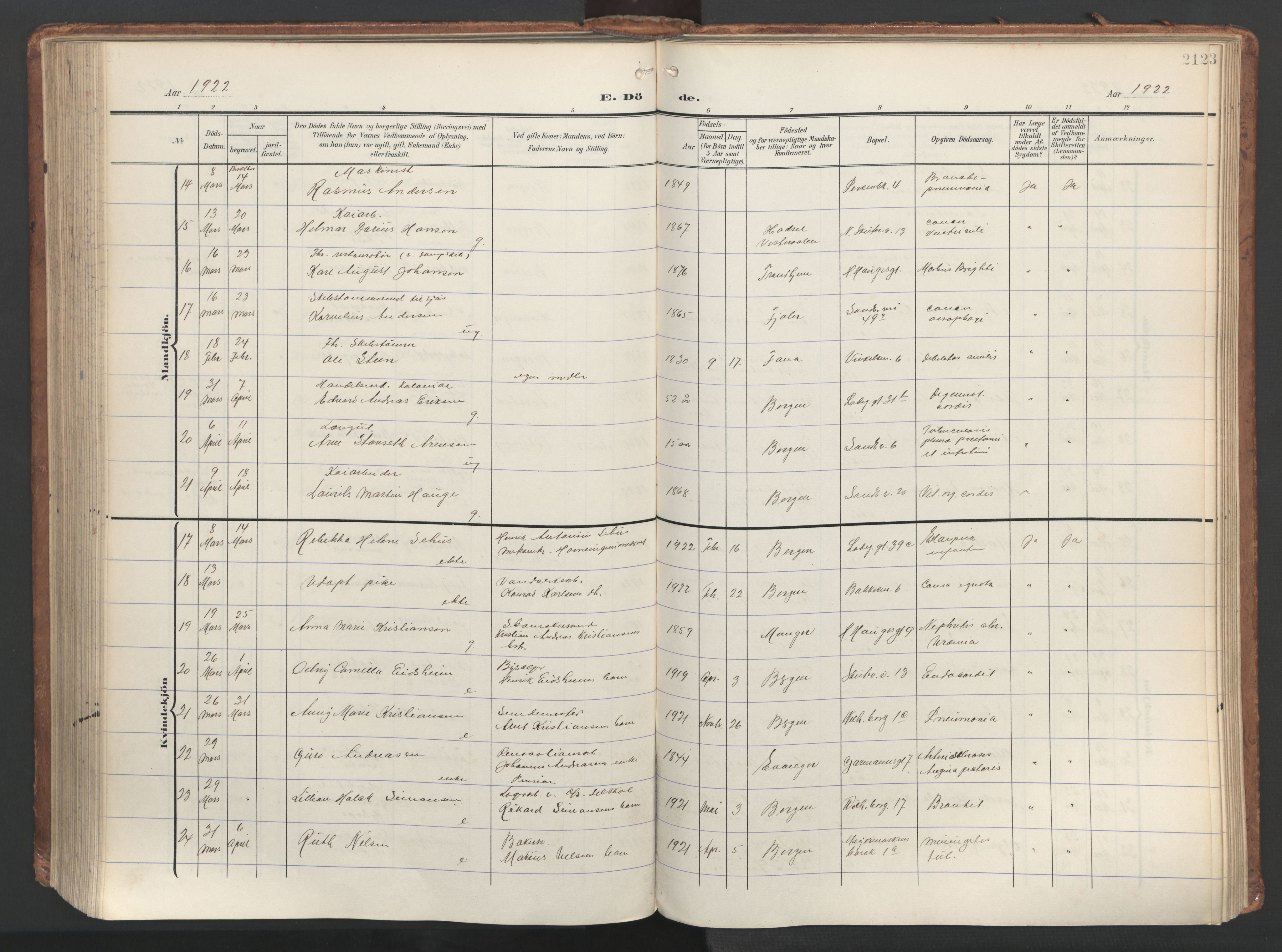 Sandviken Sokneprestembete, AV/SAB-A-77601/H/Ha/L0019: Ministerialbok nr. E 2, 1905-1933, s. 212