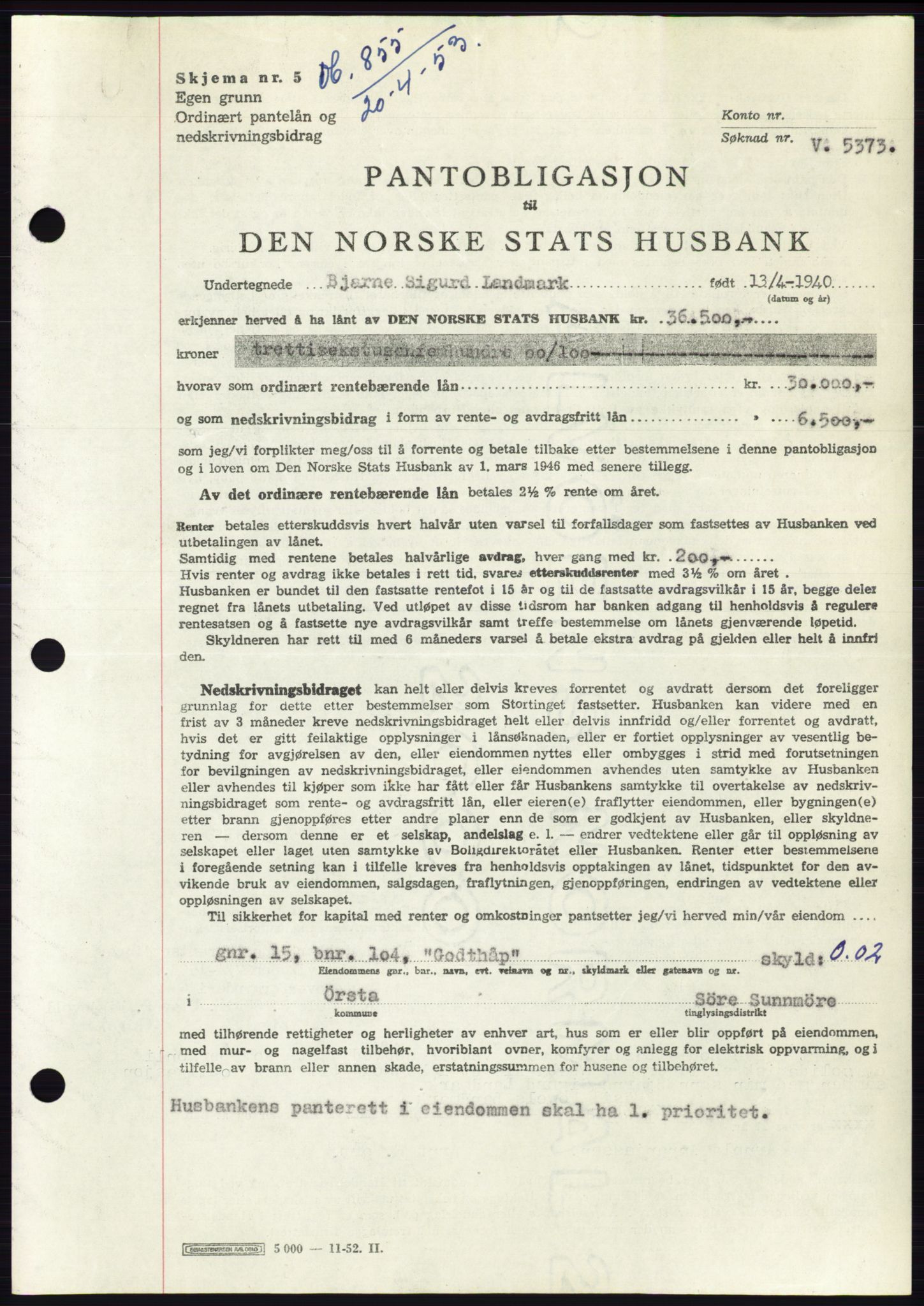Søre Sunnmøre sorenskriveri, SAT/A-4122/1/2/2C/L0123: Pantebok nr. 11B, 1953-1953, Dagboknr: 855/1953