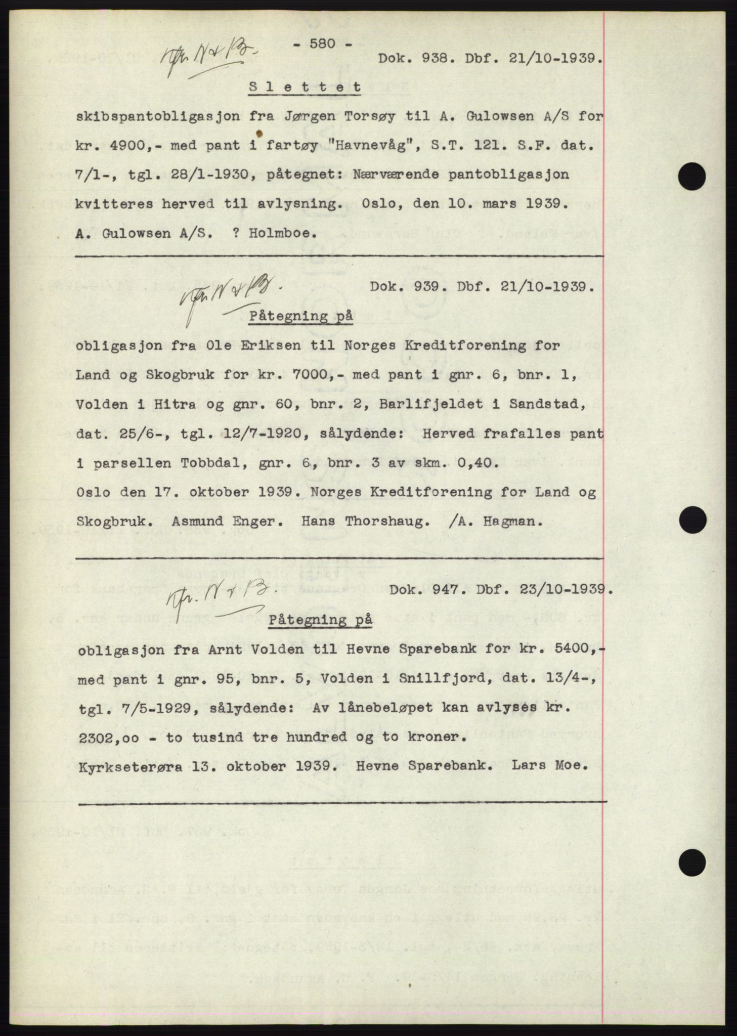 Hitra sorenskriveri, AV/SAT-A-0018/2/2C/2Ca: Pantebok nr. C1, 1936-1945, Dagboknr: 938/1939