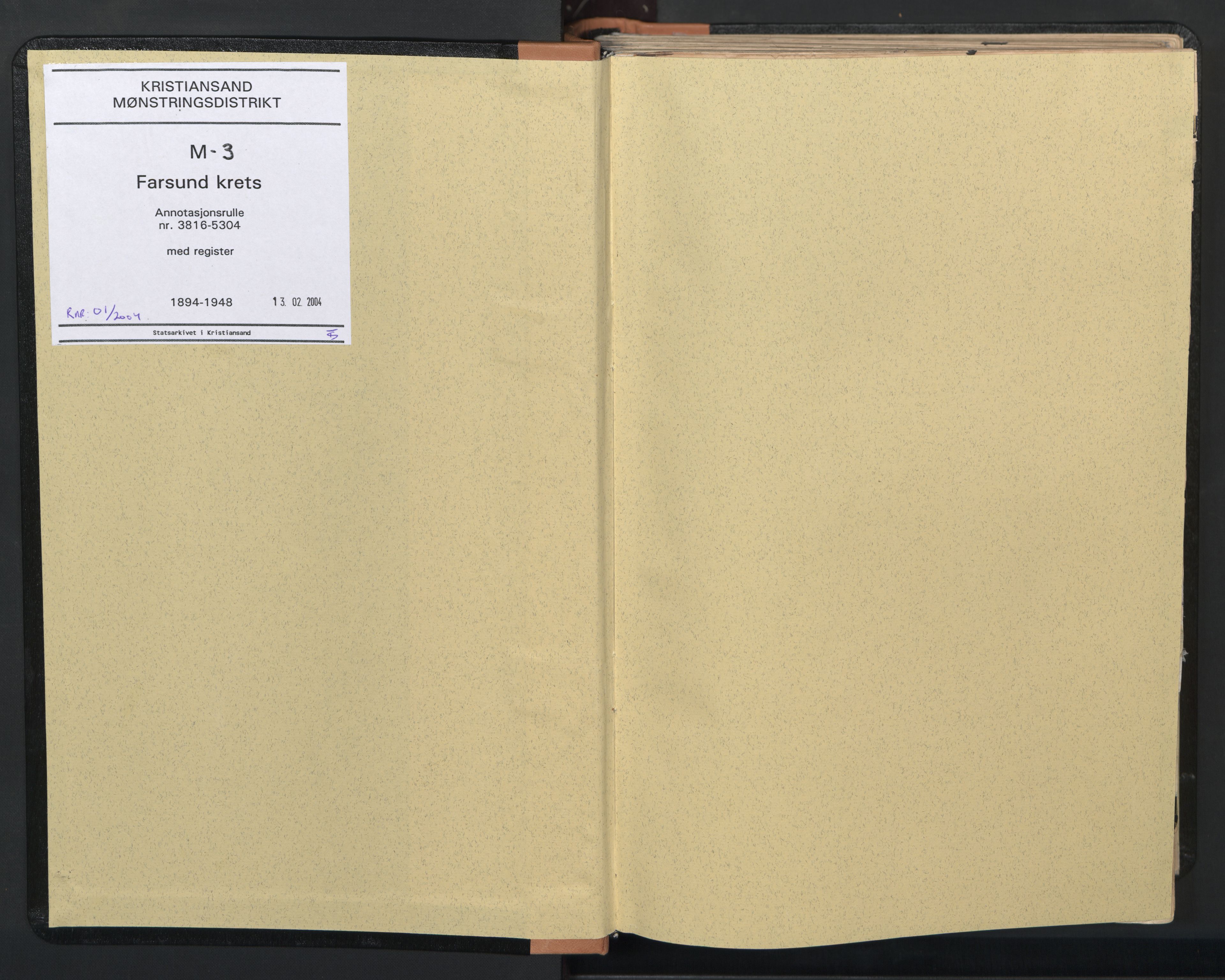 Farsund mønstringskrets, AV/SAK-2031-0017/F/Fa/L0003: Annotasjonsrulle nr 3816-5304 med register, M-3, 1894-1948, s. 2