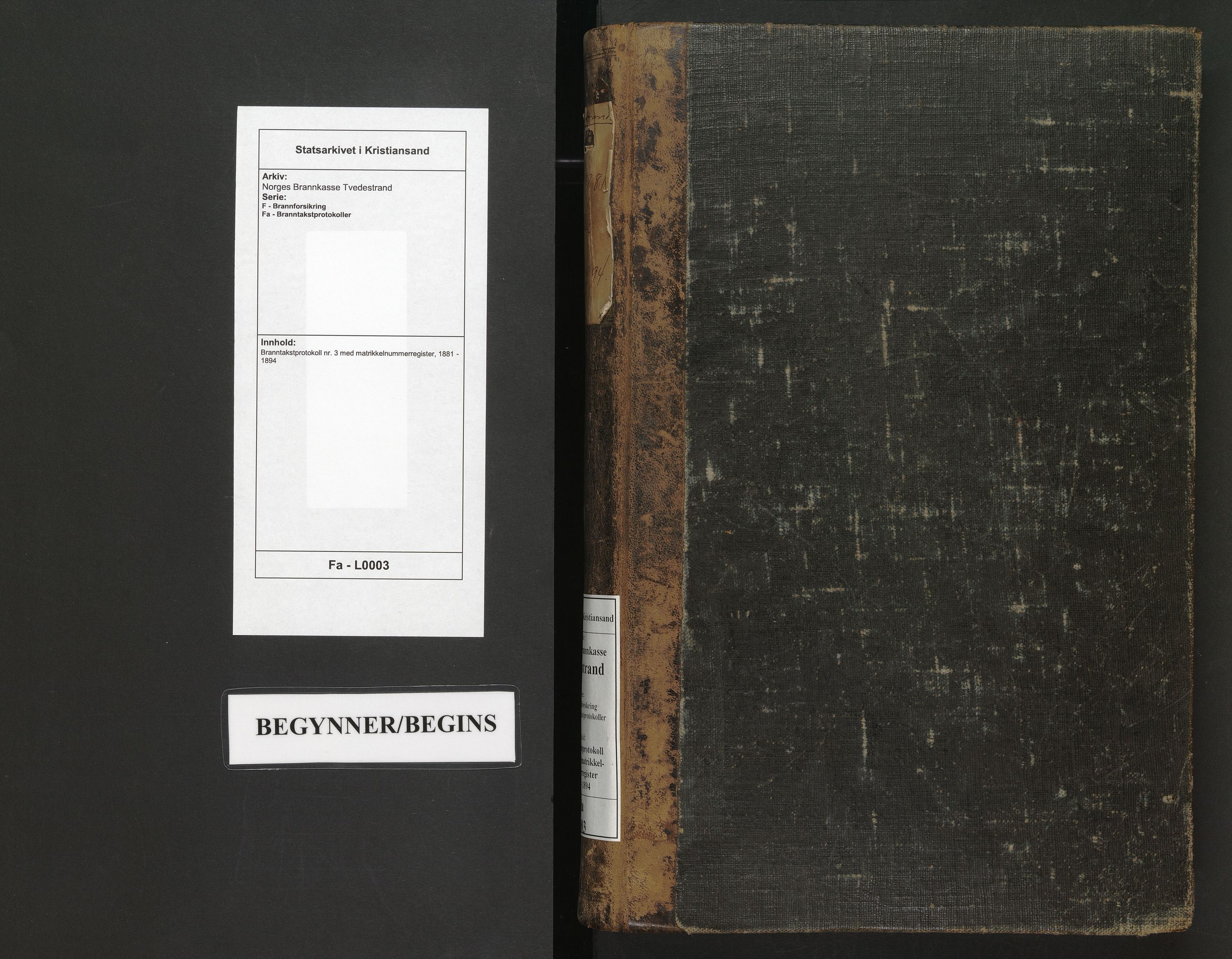 Norges Brannkasse Tvedestrand, SAK/2241-0050/F/Fa/L0003: Branntakstprotokoll nr. 3 med matrikkelnummerregister, 1881-1894