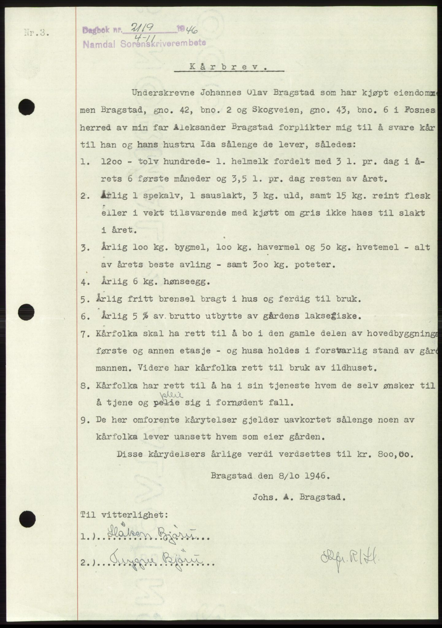 Namdal sorenskriveri, SAT/A-4133/1/2/2C: Pantebok nr. -, 1946-1947, Dagboknr: 2119/1946